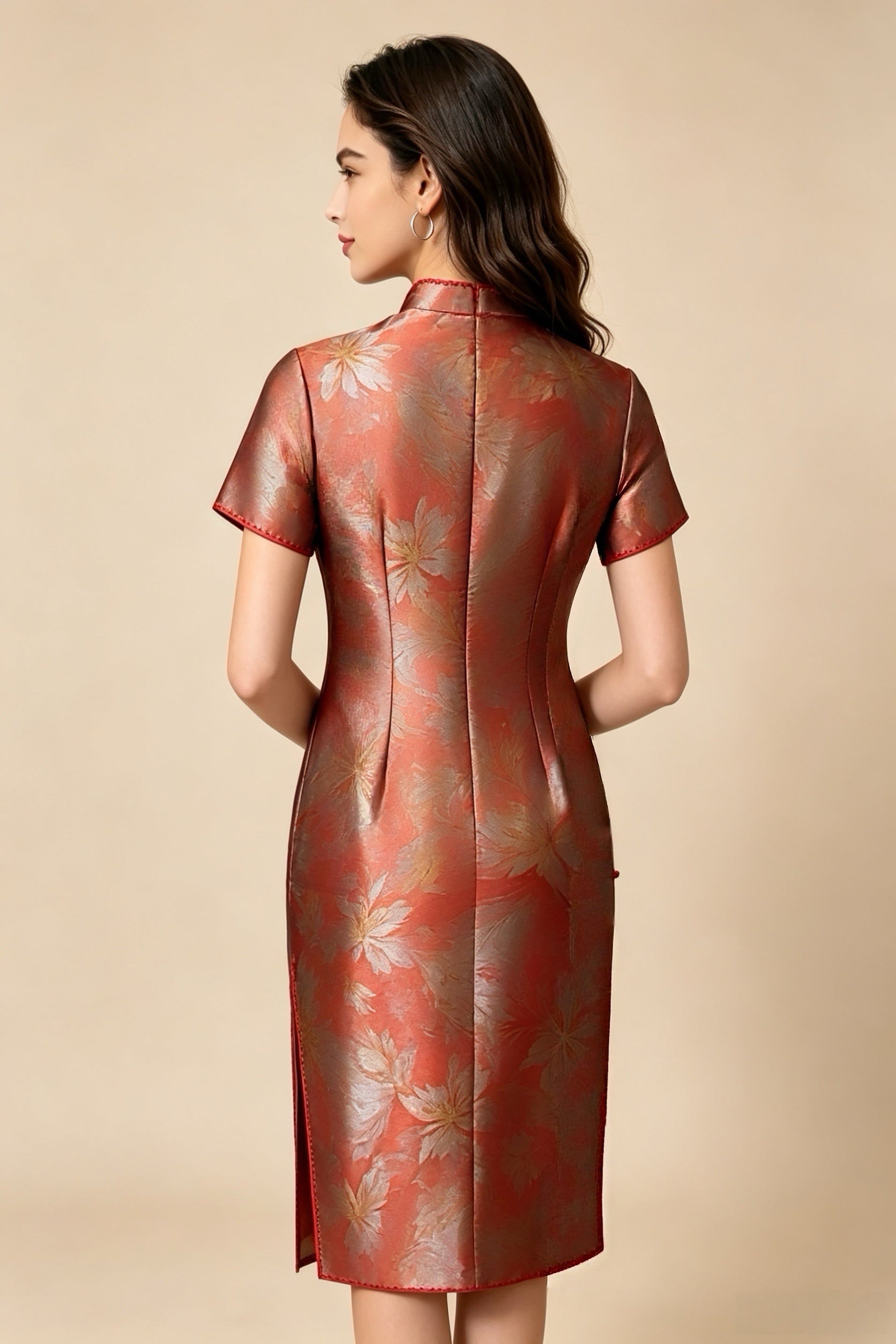 Qipao Modificado Rosa Morado Degradado Dorado, Vestido Elegante de Fiesta con Cuello Mandarín y Lentejuelas