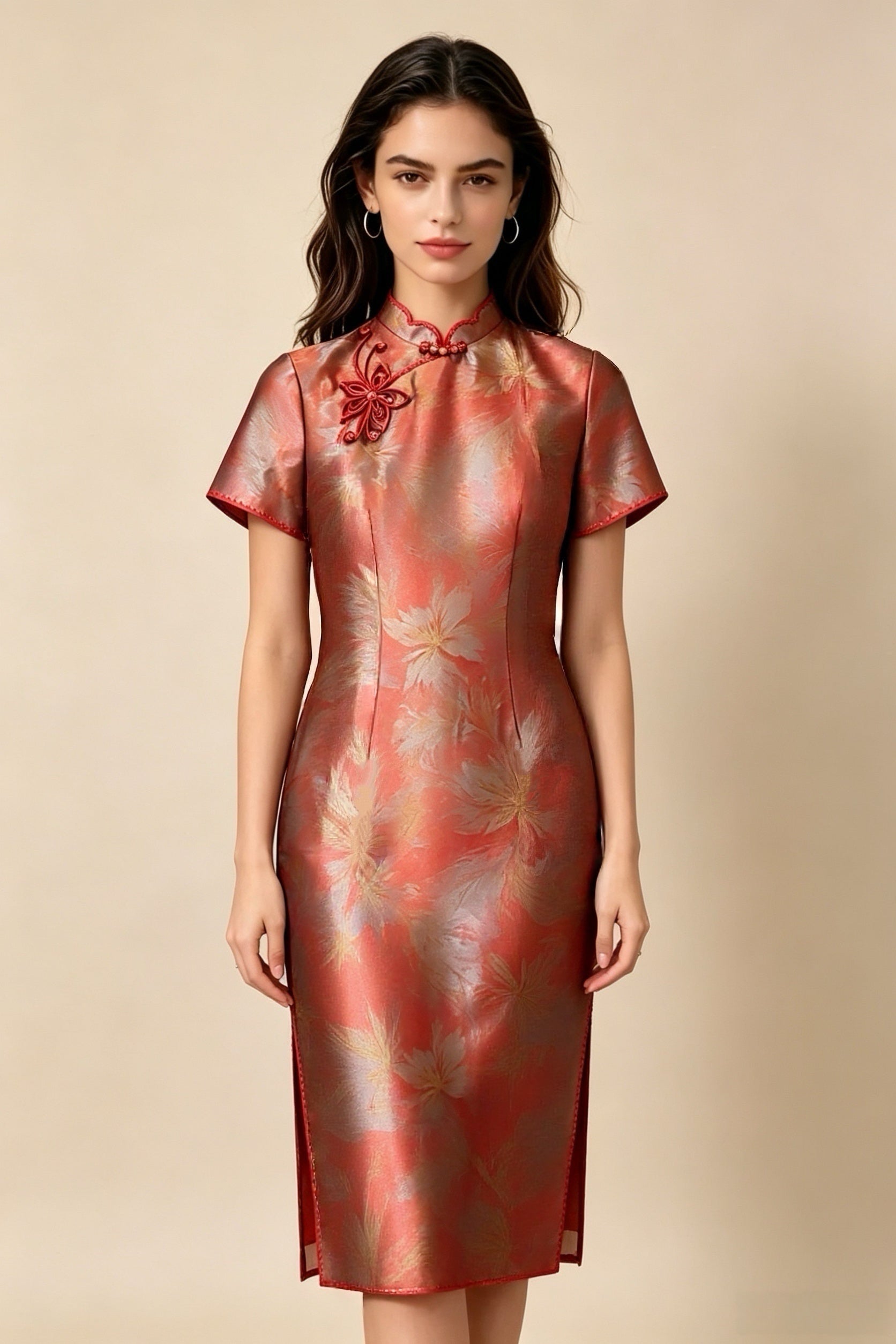 Qipao Modificado Rosa Morado Degradado Dorado, Vestido Elegante de Fiesta con Cuello Mandarín y Lentejuelas