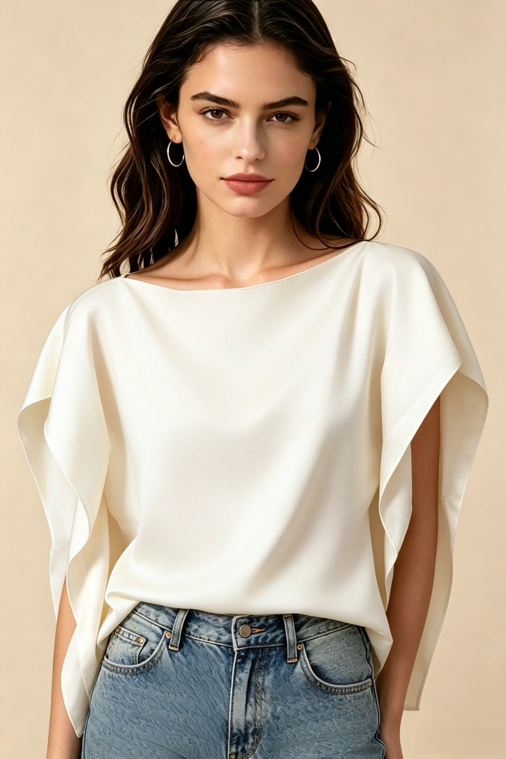 Blusa de satén con escote barco y mangas murciélago estilo francés, corte holgado fluido