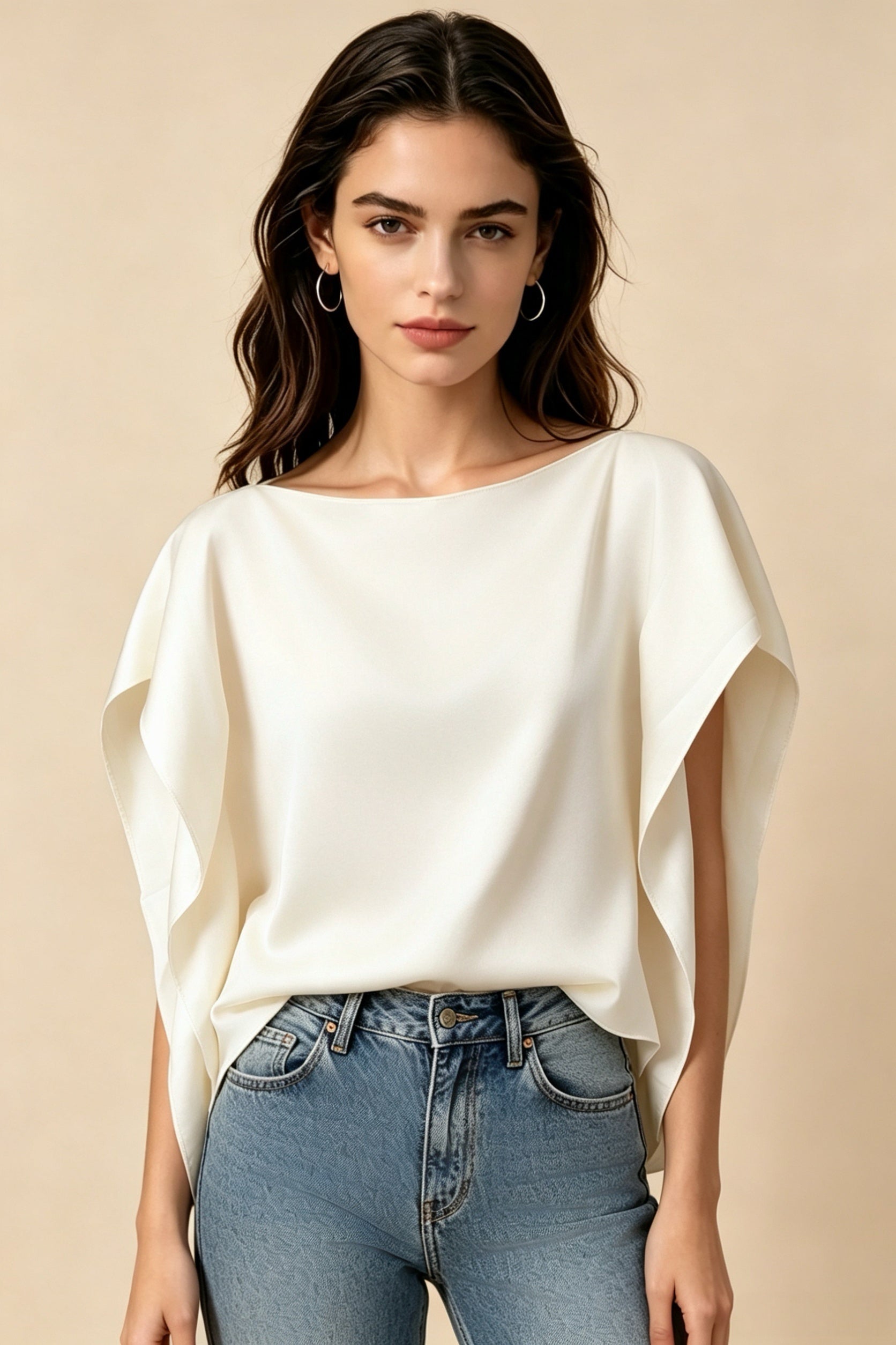 Blusa de satén con escote barco y mangas murciélago estilo francés, corte holgado fluido
