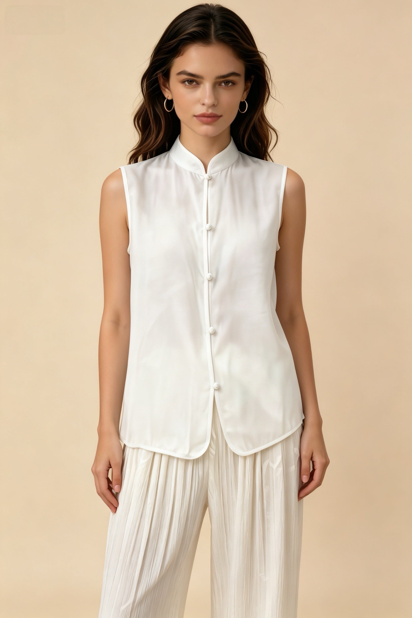Blusa sin mangas de cuello mandarín estilo chino azul claro