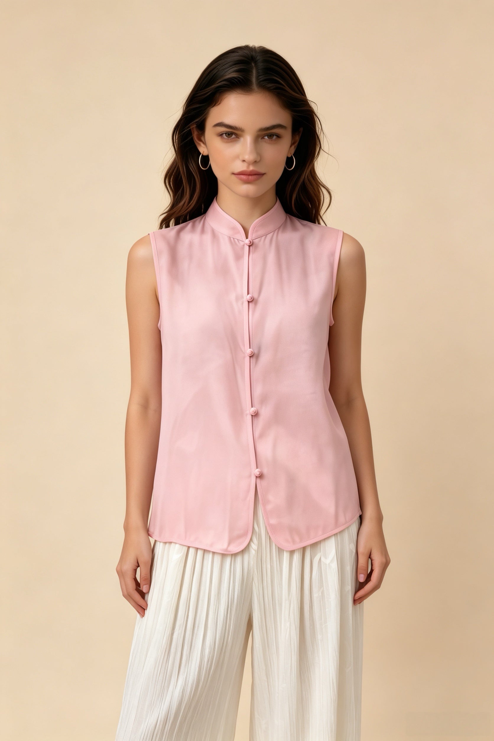 Blusa sin mangas de cuello mandarín estilo chino azul claro