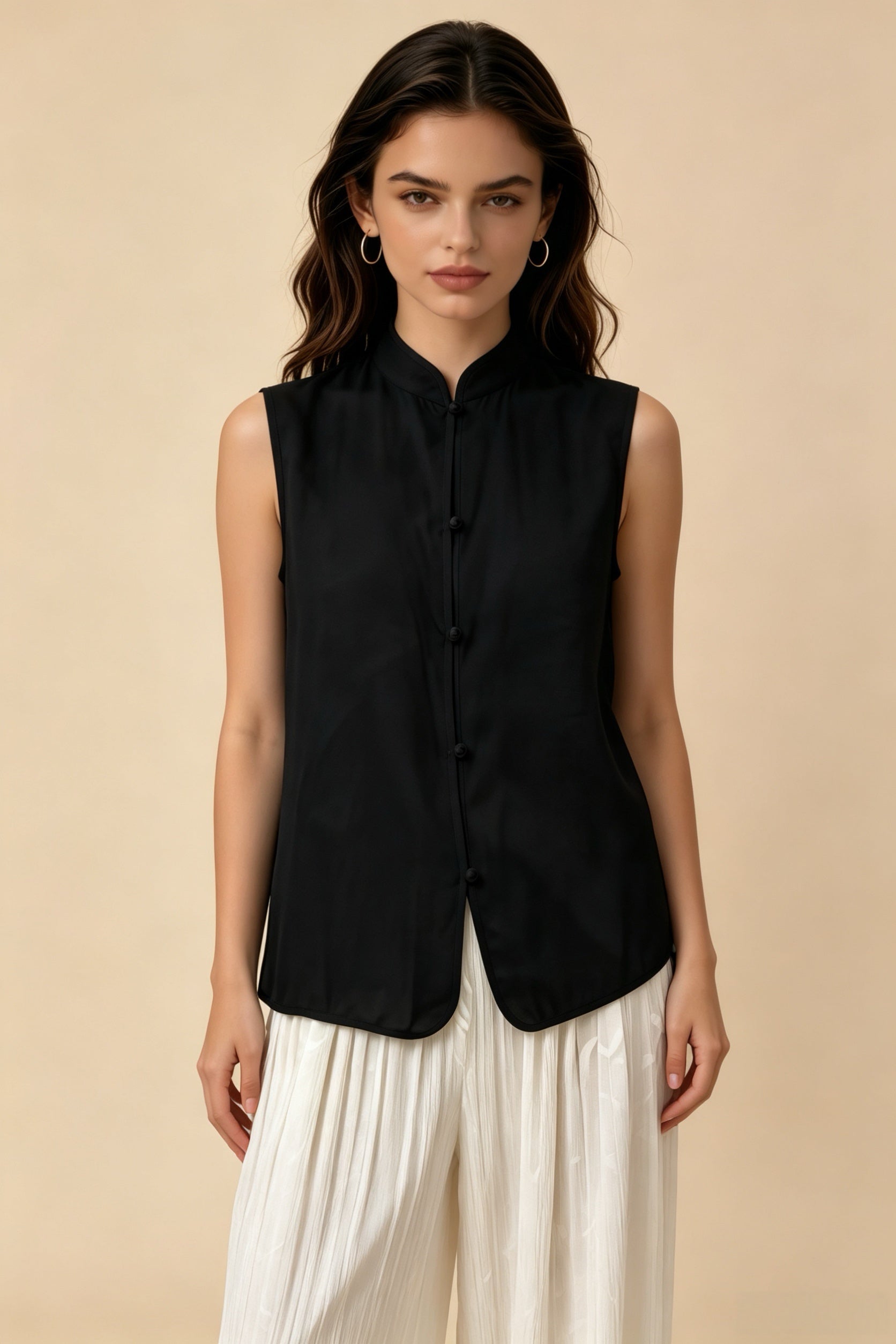 Blusa sin mangas de cuello mandarín estilo chino azul claro