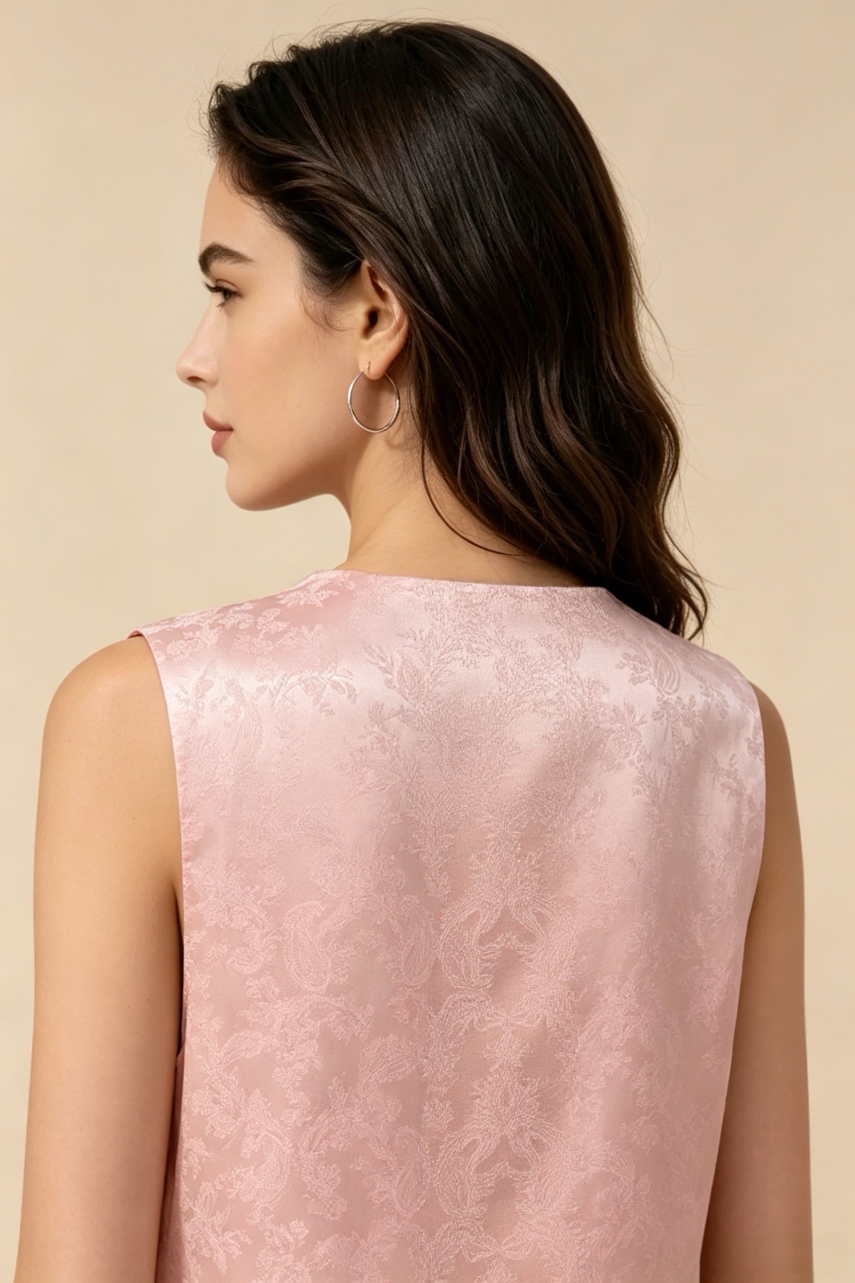 Chaleco sin mangas de satén jacquard estilo chino moderno rosa palo, chaleco con broches tradicionales, top para uso externo y en capas