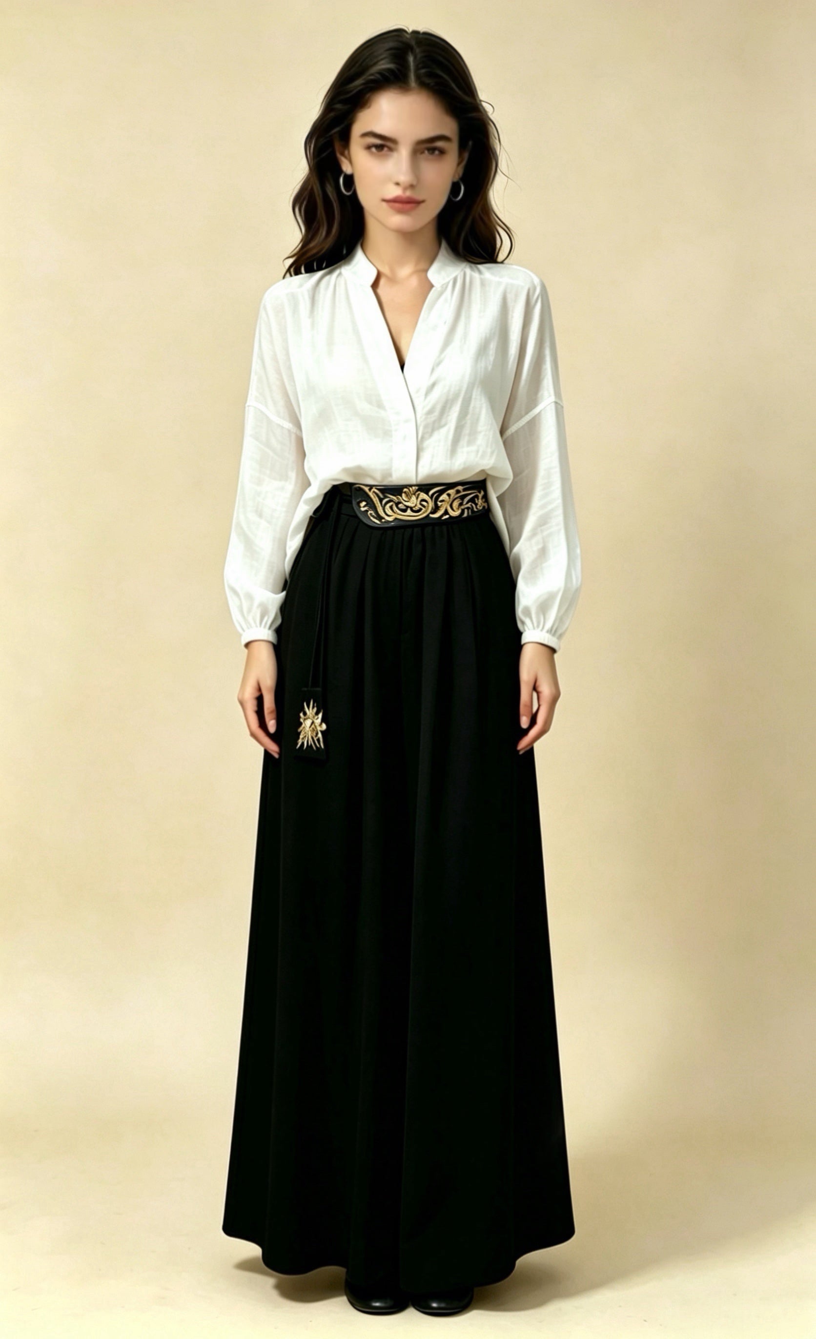Pantalones Anchos Bordados en la Cintura 3 Colores, Tencel Estilo Chino para Ocio