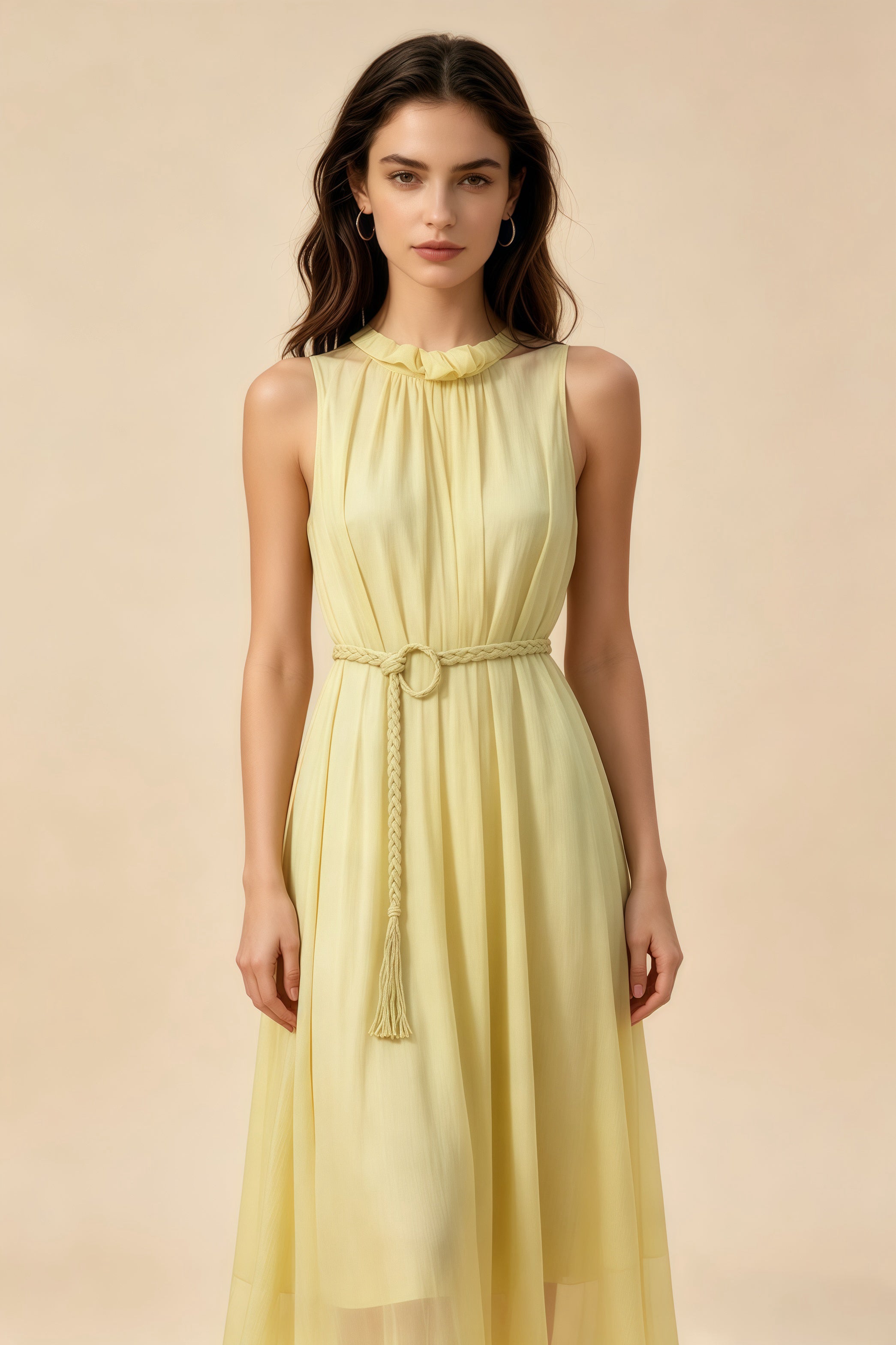 Vestido Amarillo de Cuello Halter con Cinturón Trenzado, Vestido Largo de Tencel para Vacaciones