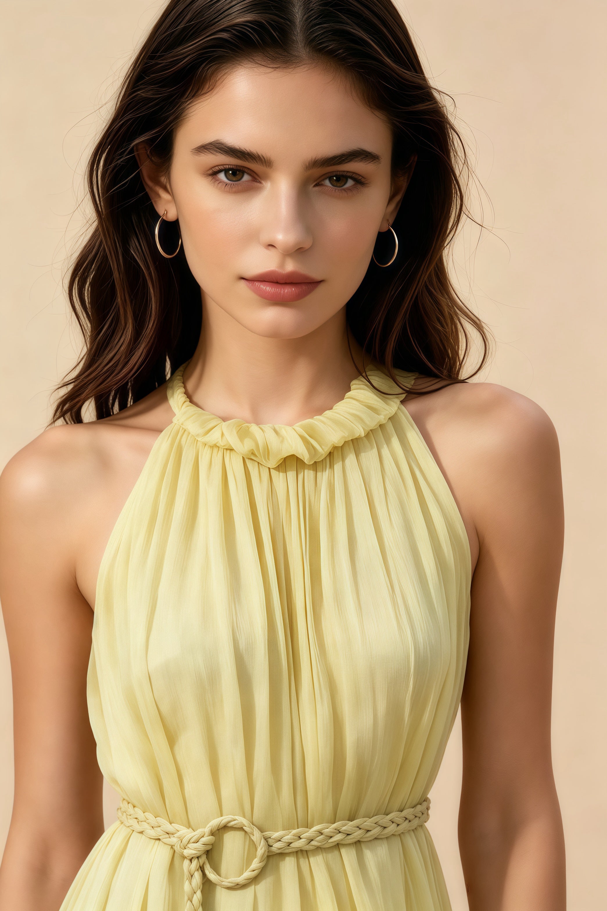 Vestido Amarillo de Cuello Halter con Cinturón Trenzado, Vestido Largo de Tencel para Vacaciones