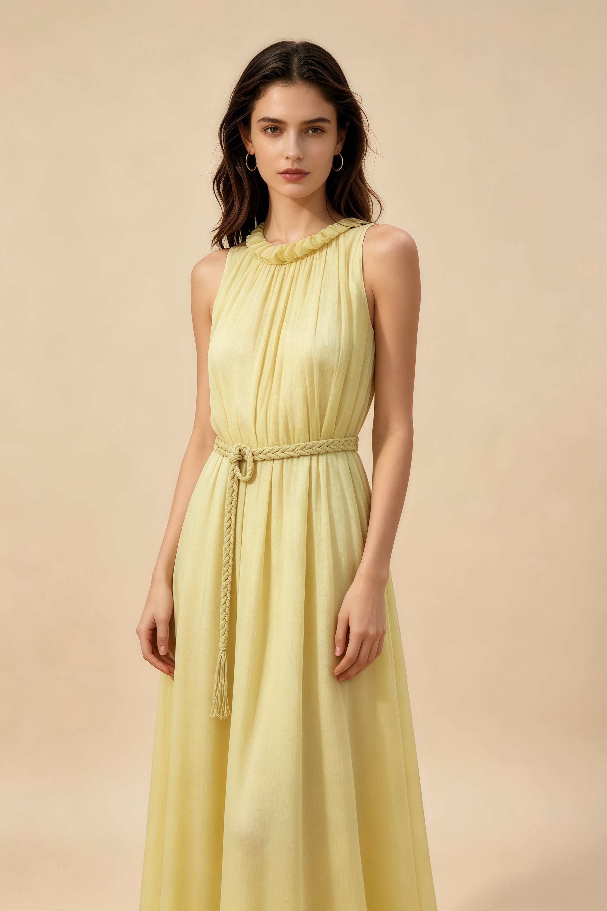 Vestido Amarillo de Cuello Halter con Cinturón Trenzado, Vestido Largo de Tencel para Vacaciones