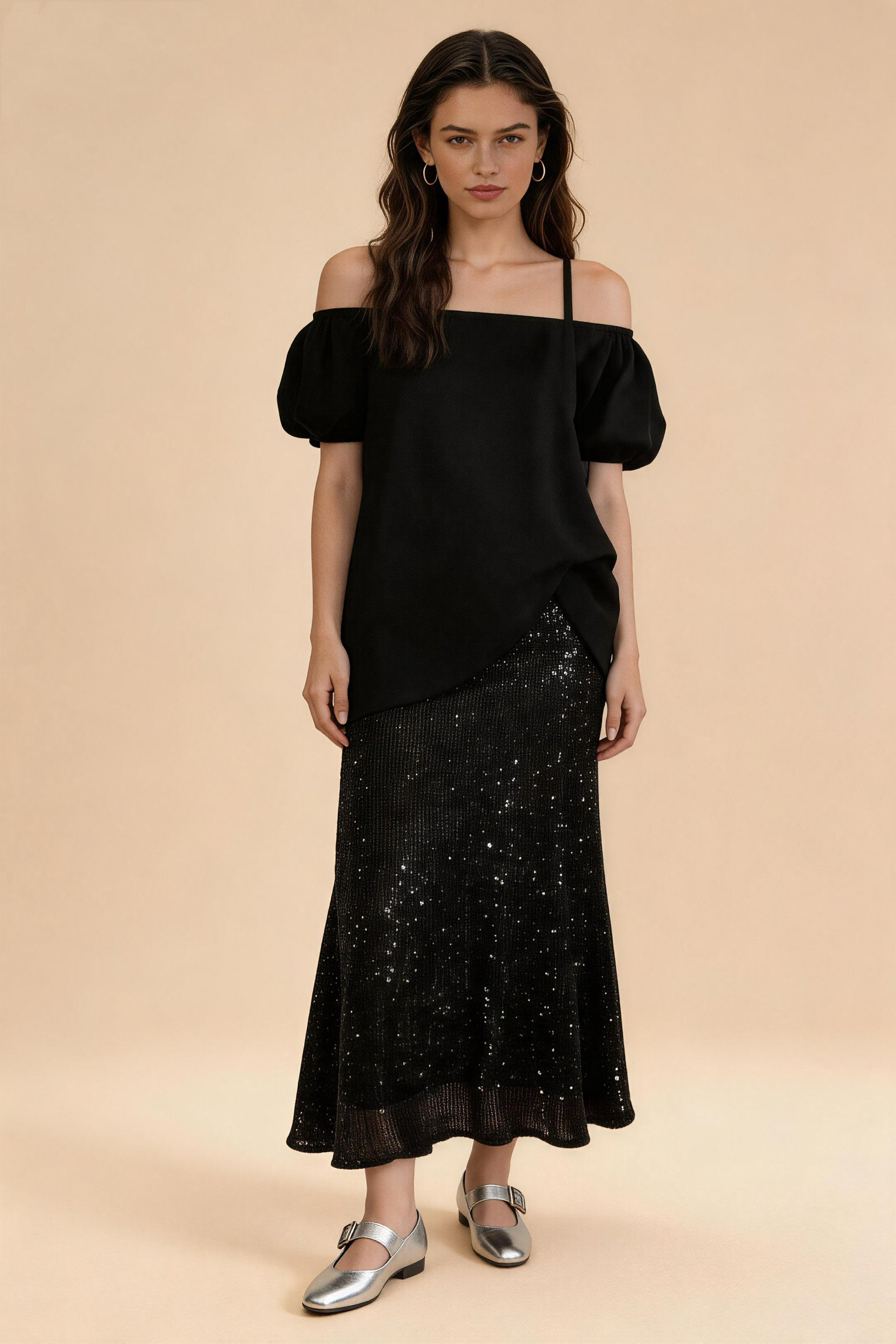 Falda larga de lentejuelas brillantes de lujo con cintura alta, corte en A adelgazante, ideal para fiestas y eventos Descripción Corta