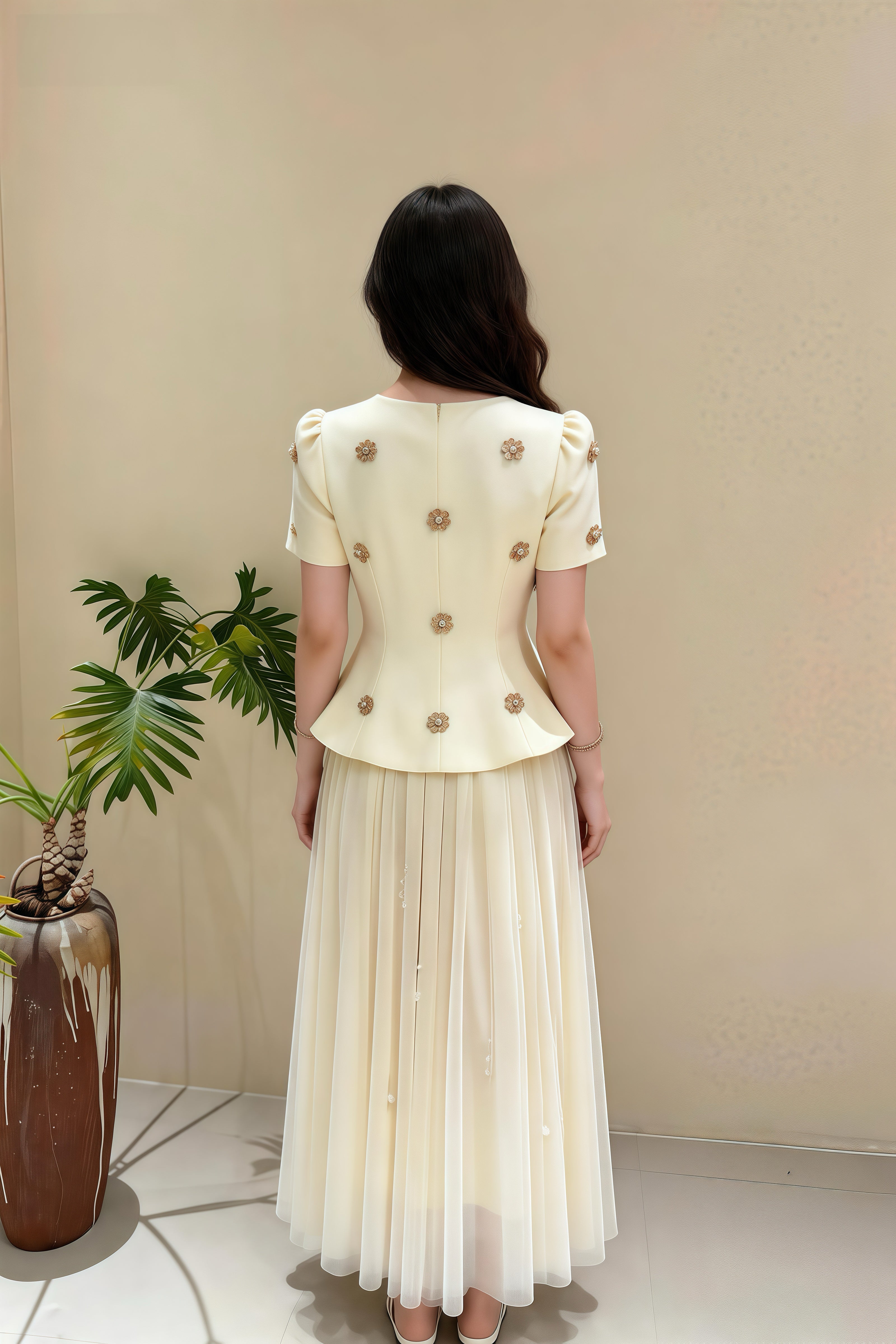 Conjunto Negro Blanco con Perlas y Volante, Falda de Tul para Fiestas Estilo Dulce