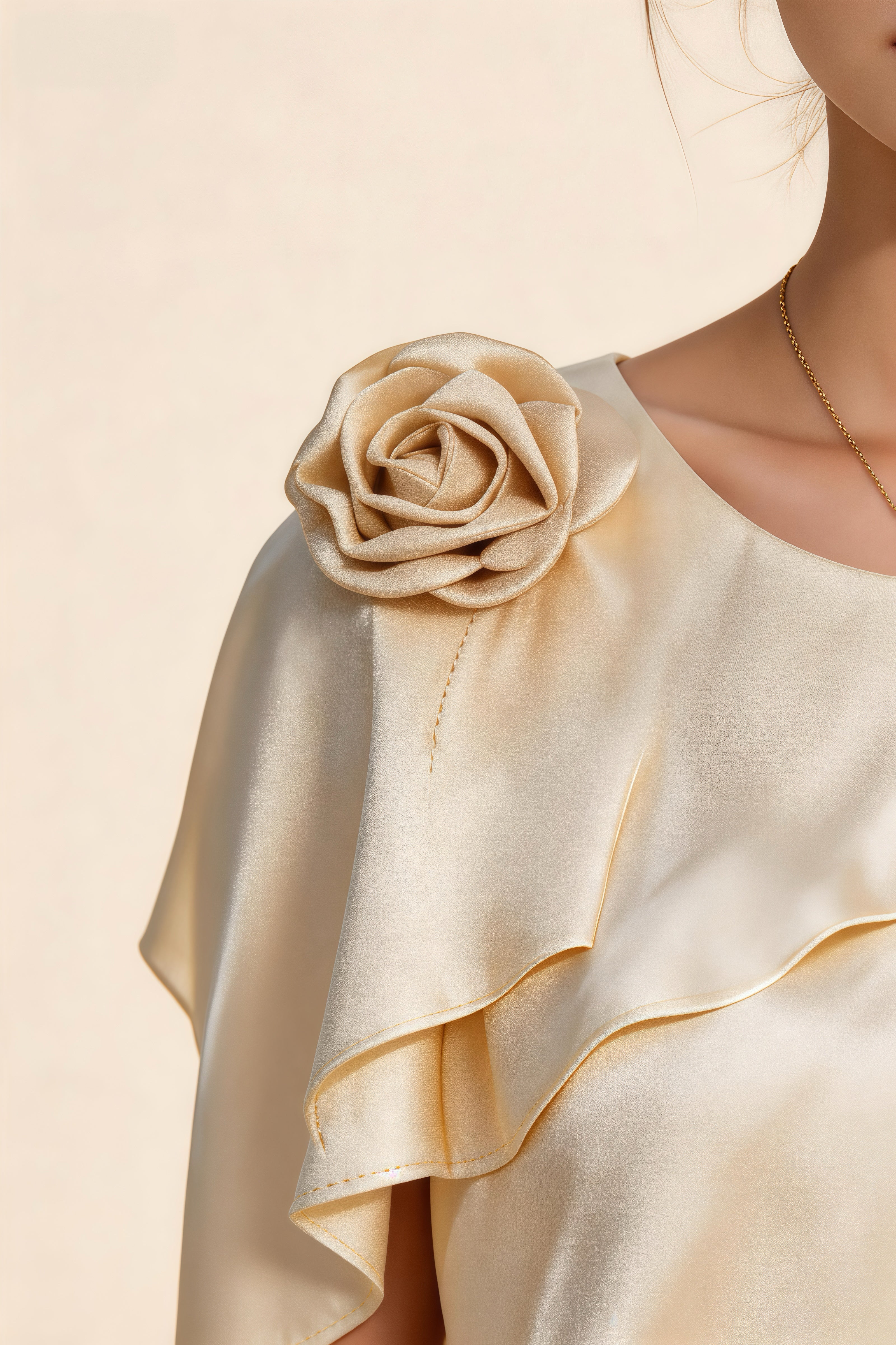 Blusa Satén Beige Rosa Tridimensional Sin Mangas, Volante Asimétrico para Oficina