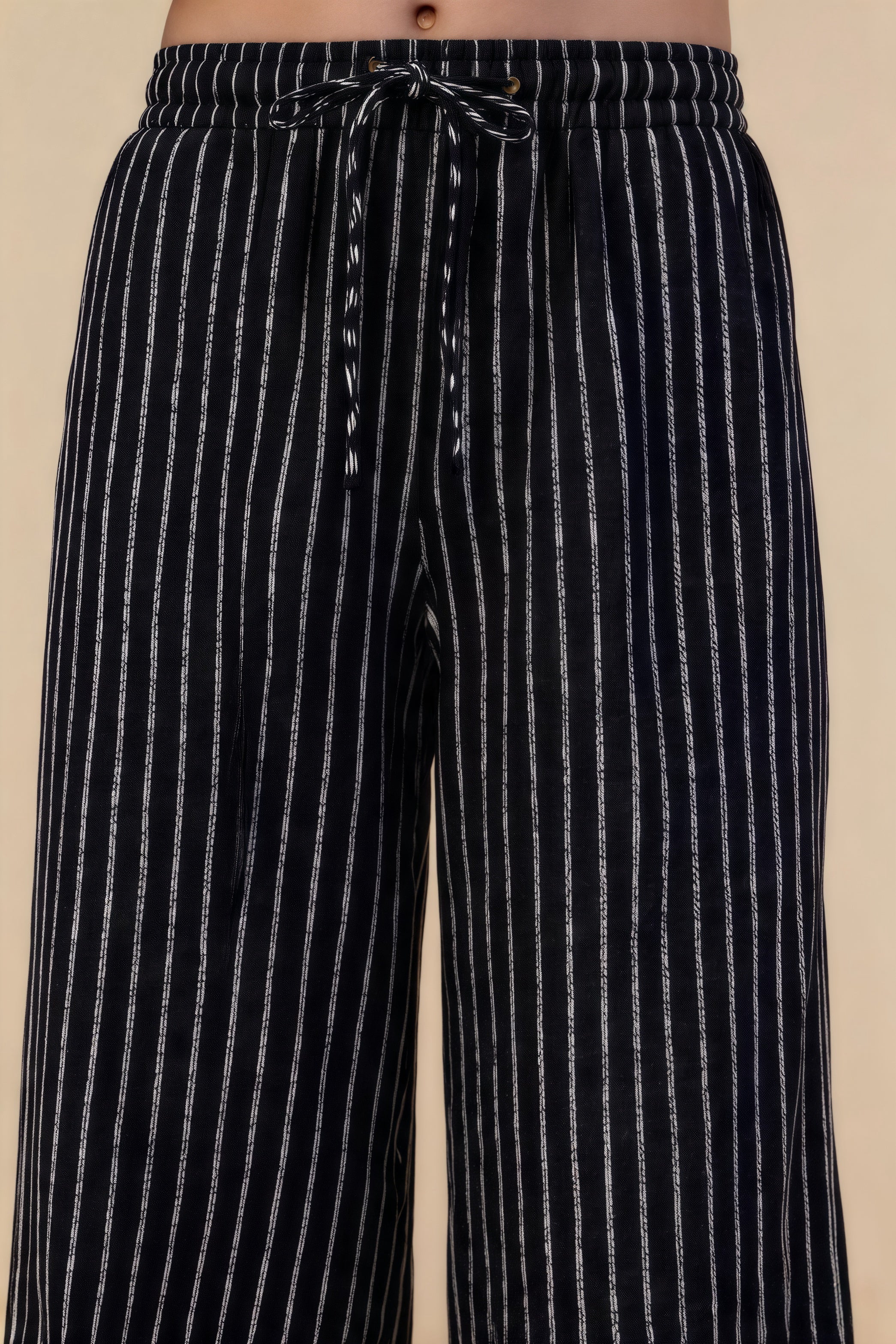 Pantalones Anchos Rayas Negro Blanco con Cordón, Mezcla de Lino de Alta Caída para Ocio
