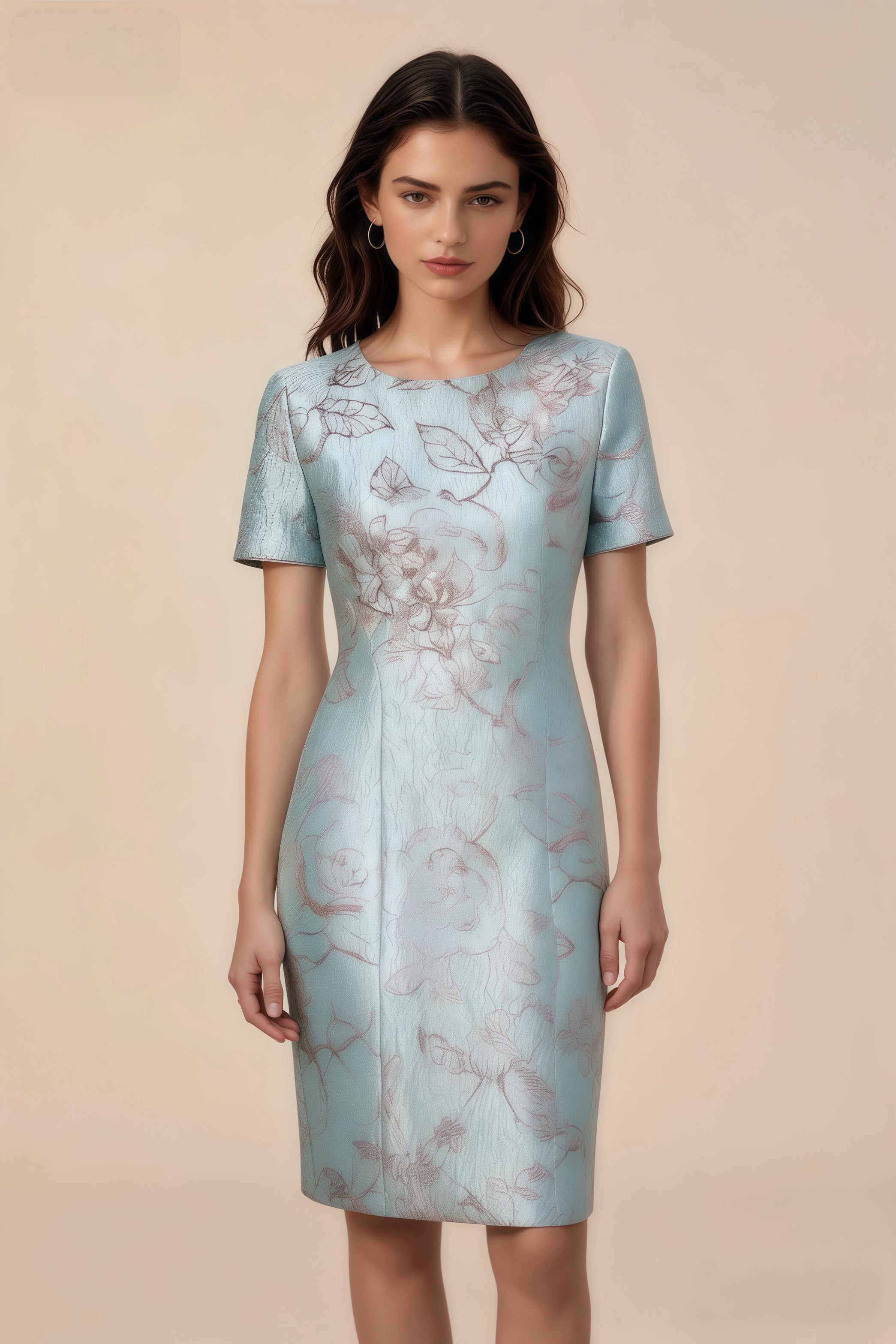 Vestido midi entallado de jacquard floral retro verde menta, mangas cortas elegante para oficina
