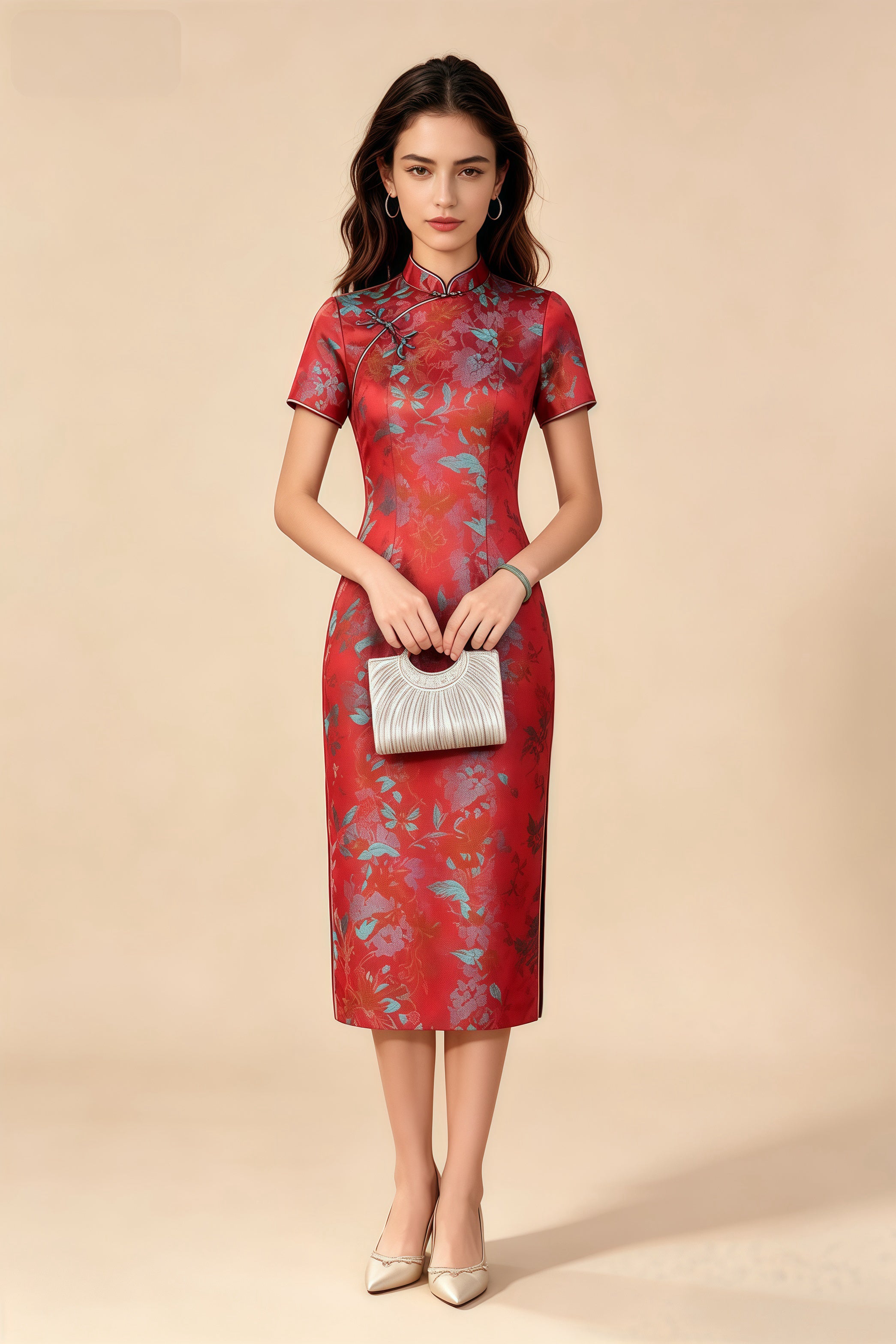 Qipao modificado con estampado floral rojo retro, vestido elegante ajustado estilo chino con cuello mandarín y mangas cortas