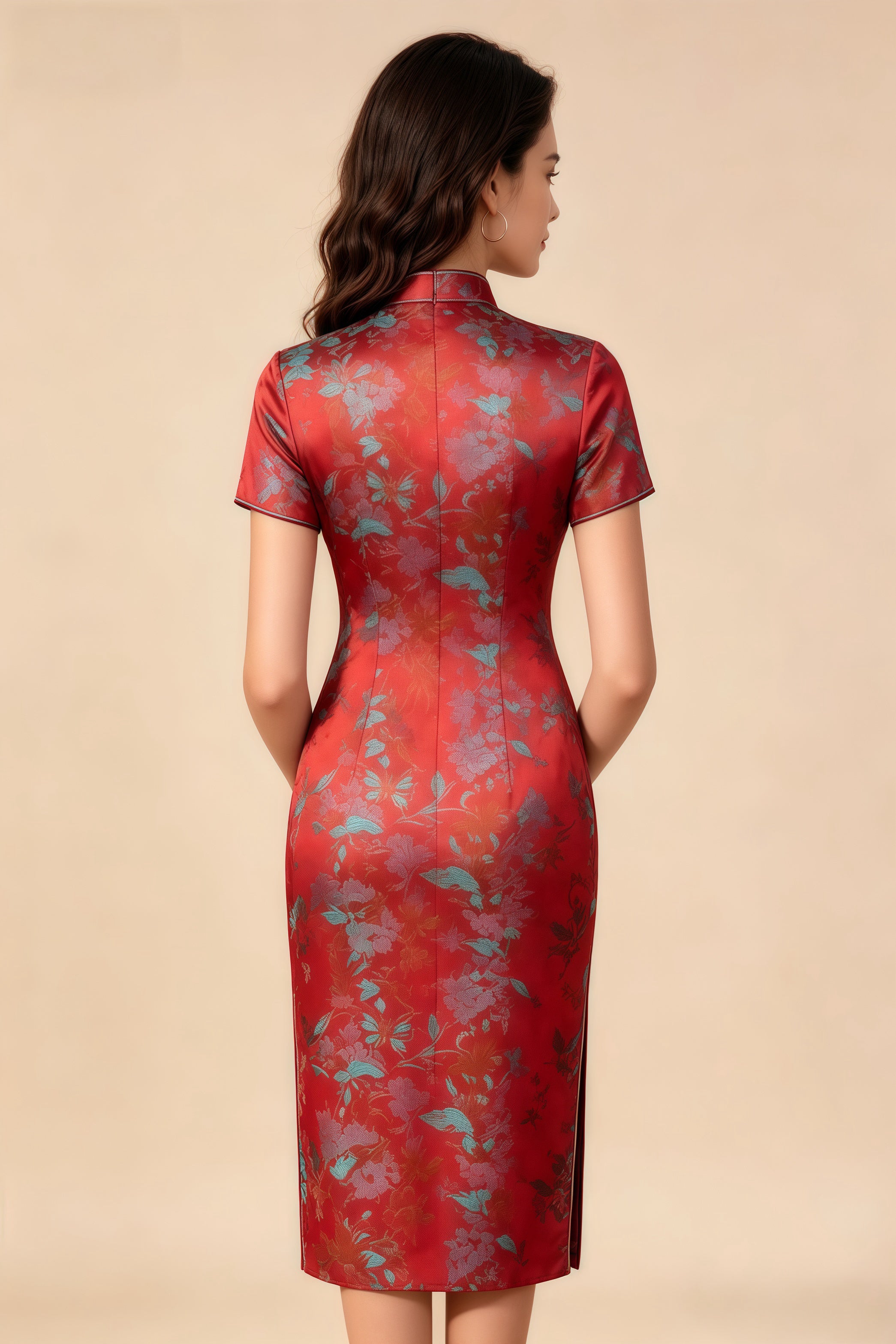 Qipao modificado con estampado floral rojo retro, vestido elegante ajustado estilo chino con cuello mandarín y mangas cortas