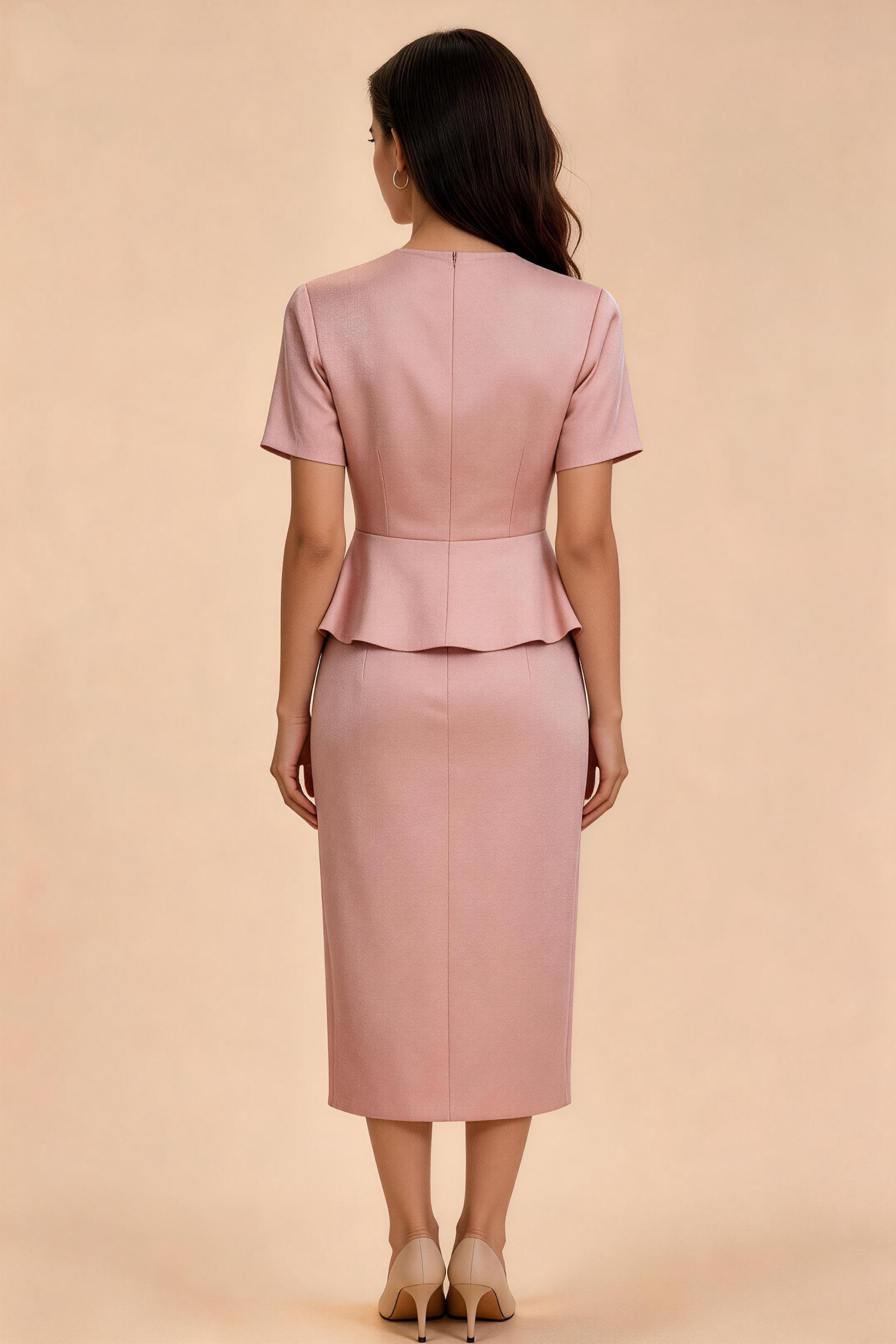 Vestido de dos piezas falso rosa malva ajustado a la cintura, detalles de perlas y borlas para oficina y eventos