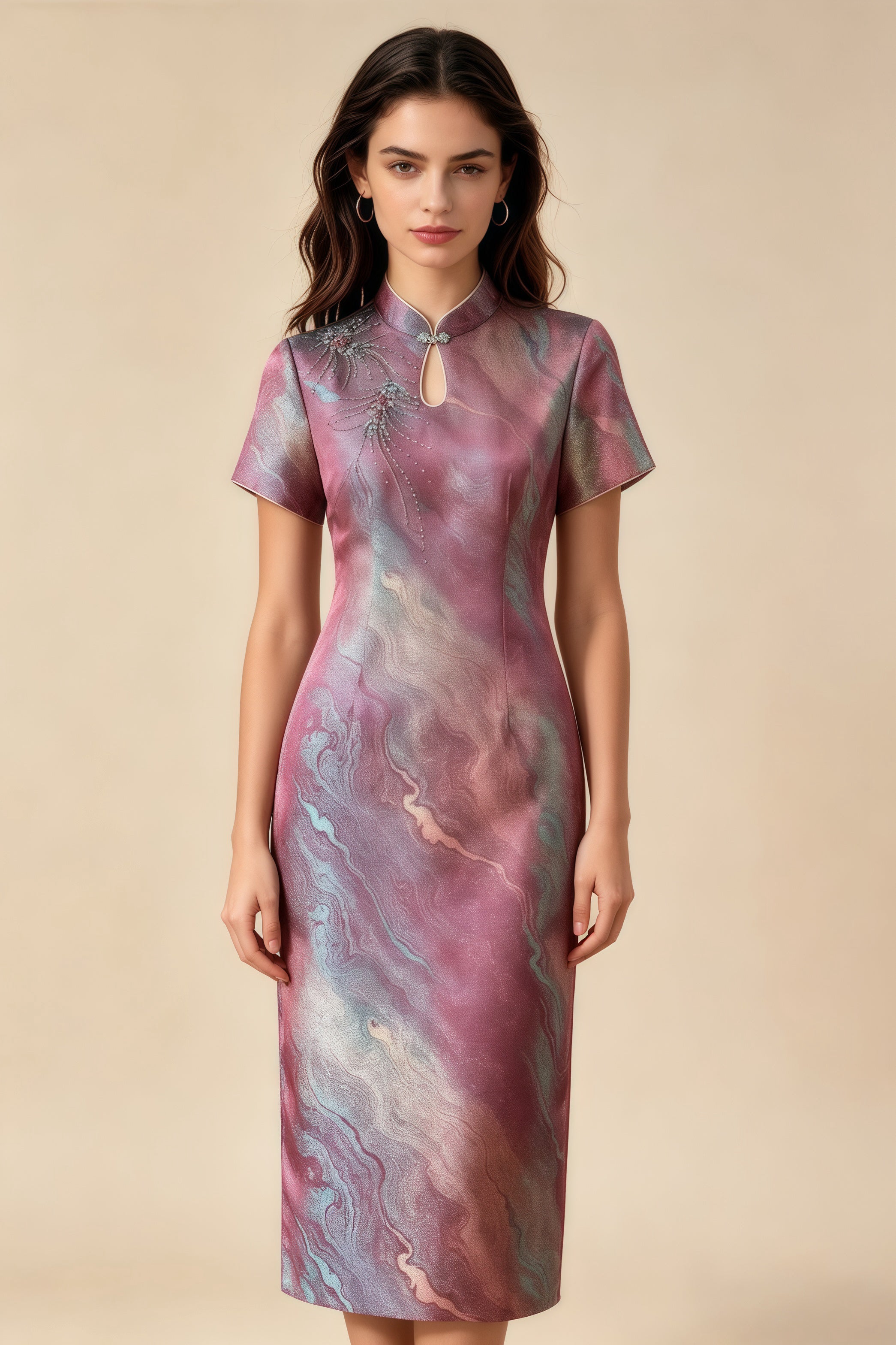 Qipao Modificado Rosa Morado Degradado Dorado, Vestido Elegante de Fiesta con Cuello Mandarín y Lentejuelas