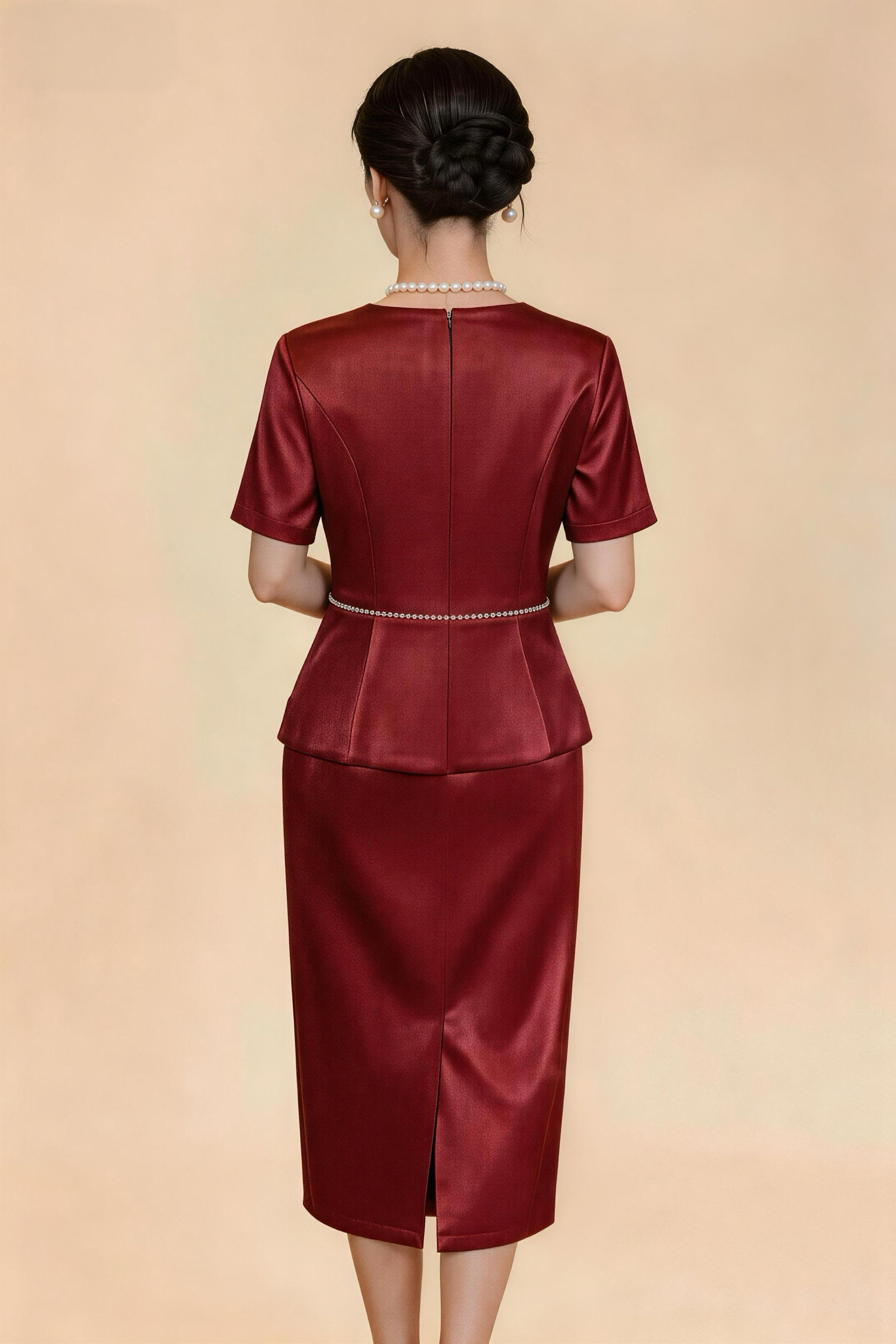Conjunto de vestido de banquete burdeos de satén con cintura marcada, conjunto de manga corta con pedrería lujoso para madres de novia, vestido formal para eventos
