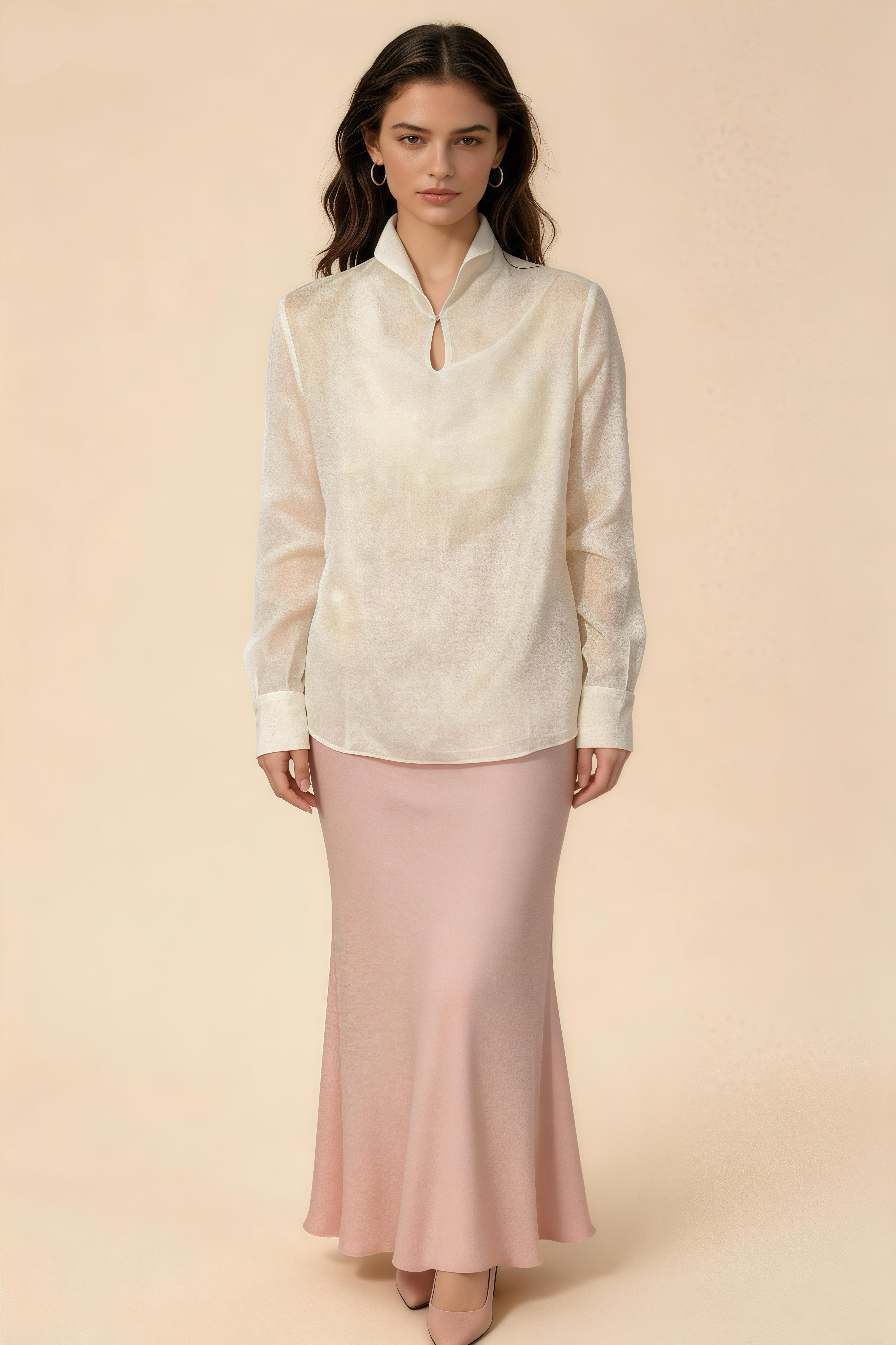 Blusa Transparente de Cuello Mao Azul Lago