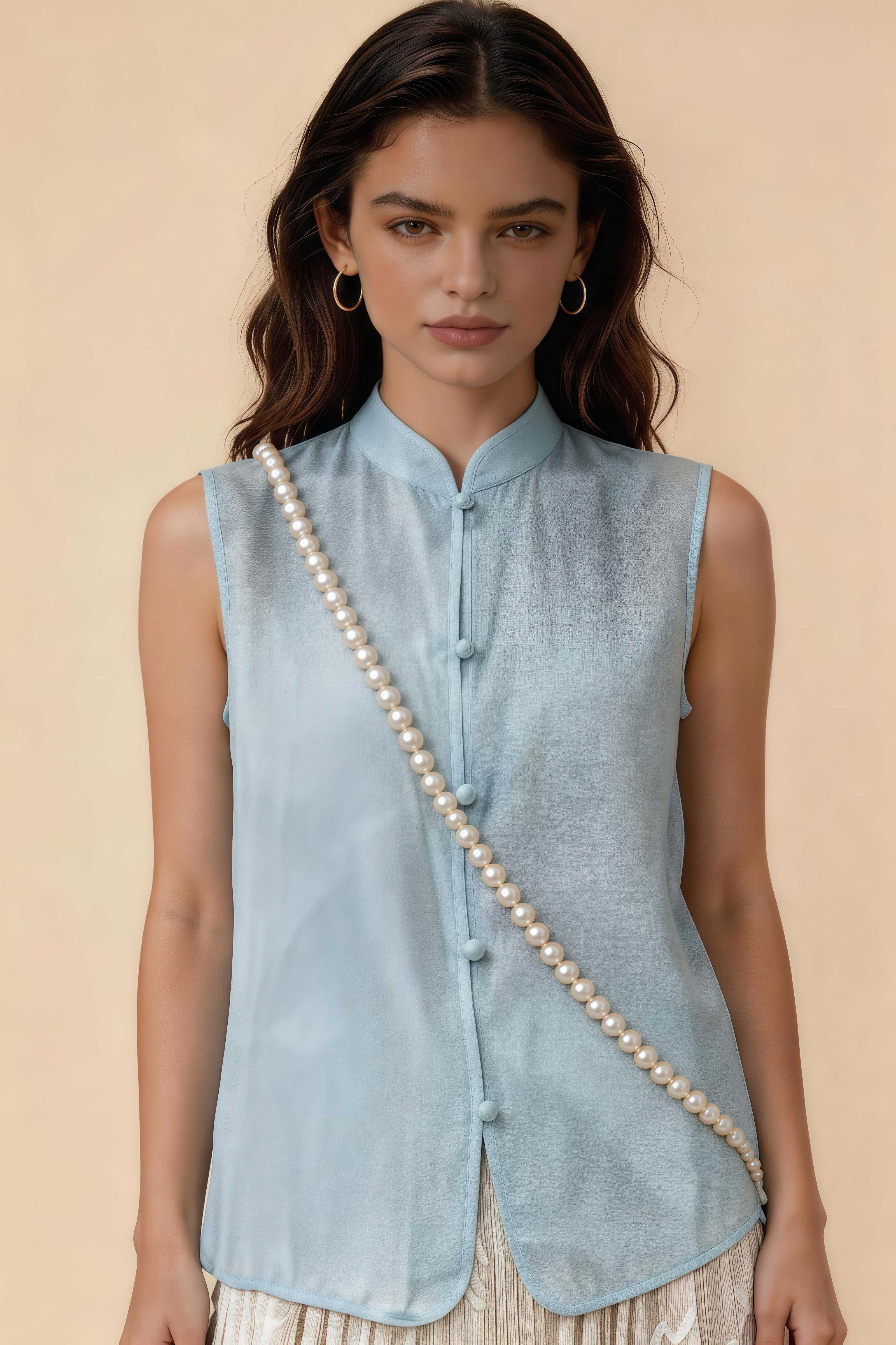 Blusa sin mangas de cuello mandarín estilo chino azul claro, mezcla de seda tencel para oficina