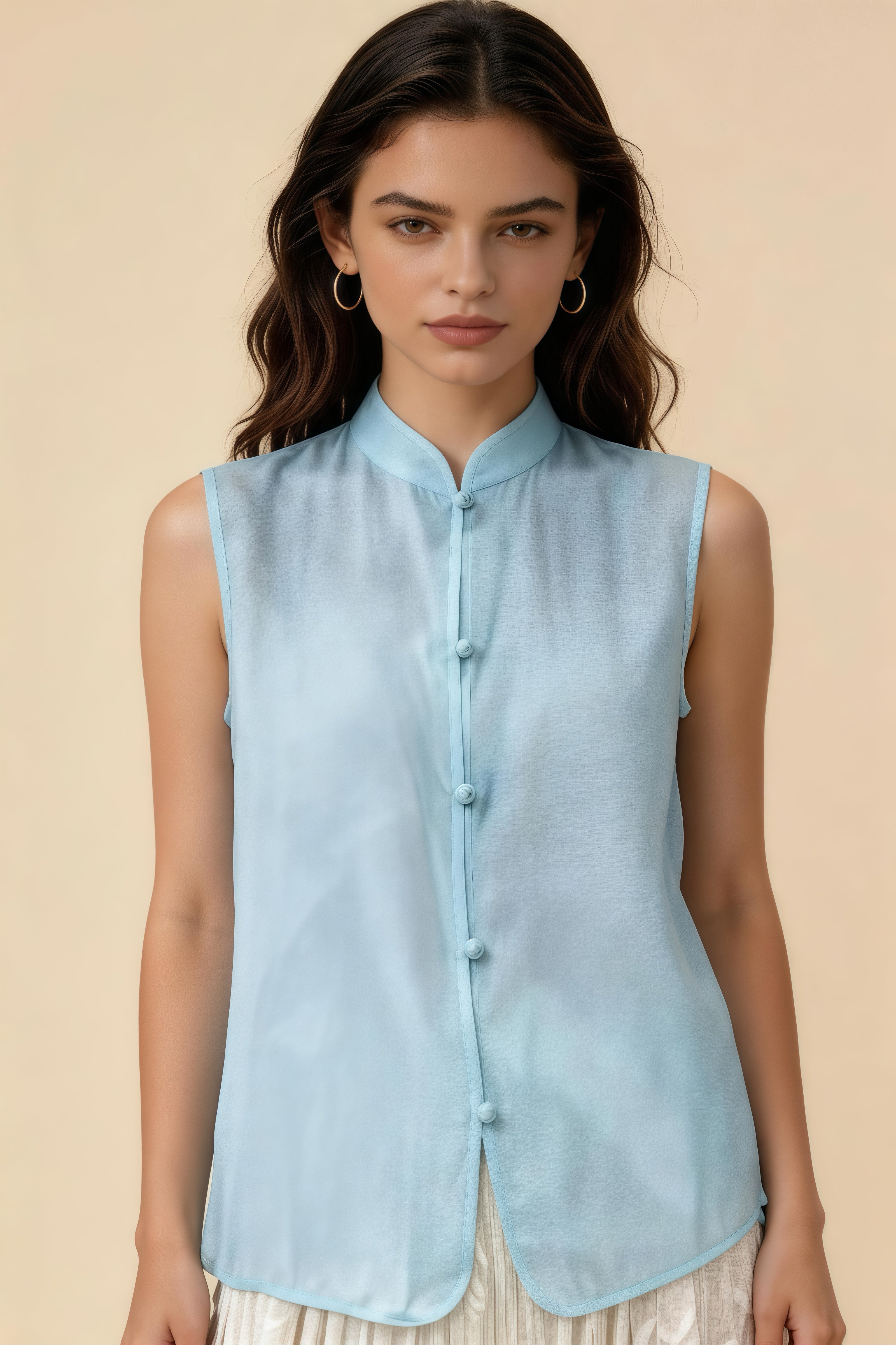 Blusa sin mangas de cuello mandarín estilo chino azul claro, mezcla de seda tencel para oficina