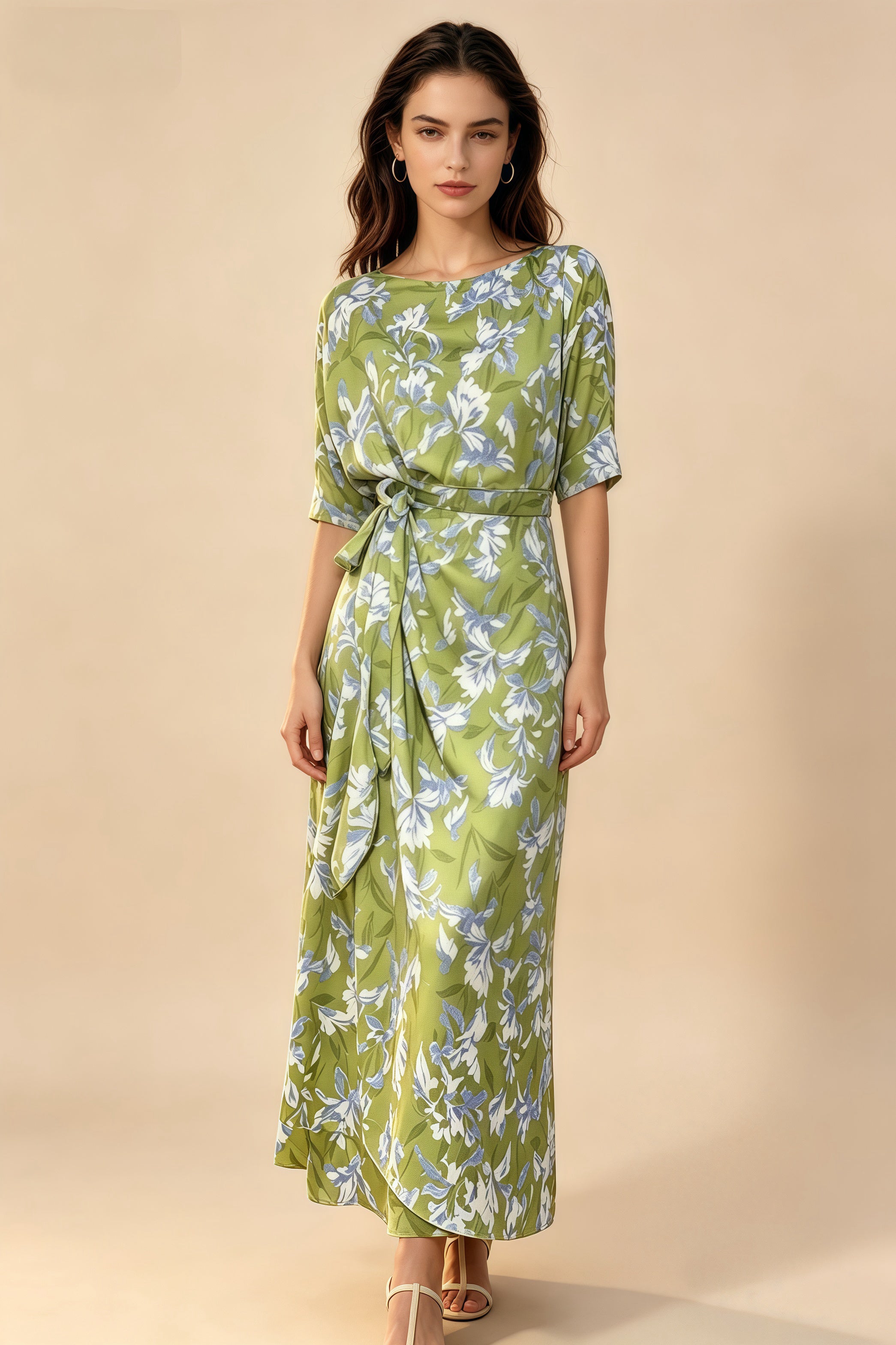 Vestido Largo Estampado Verde Oliva con Flores