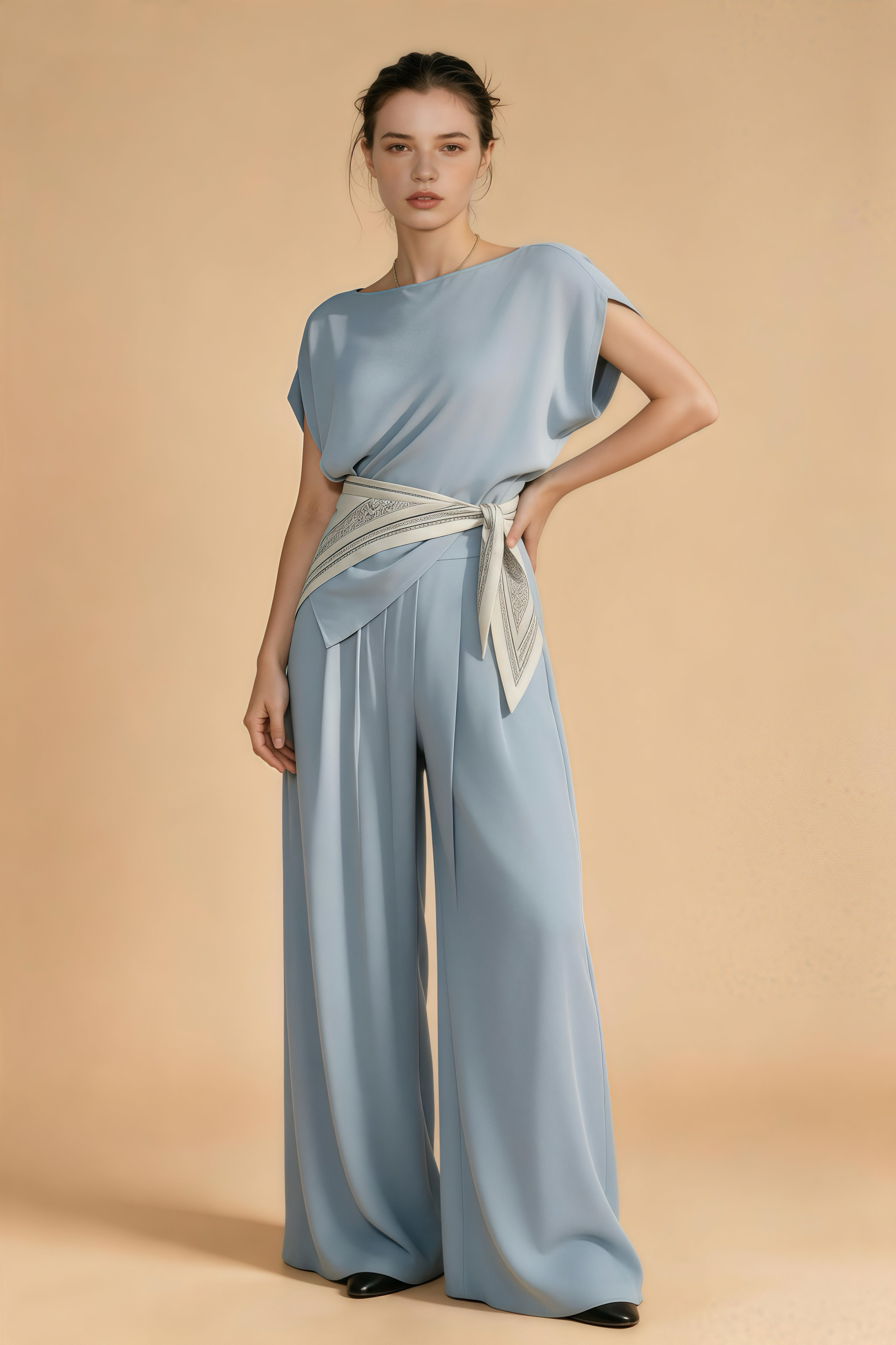 Conjunto de satén azul neblina elegante, pantalones anchos con cinturón asimétrico de falda inclinada