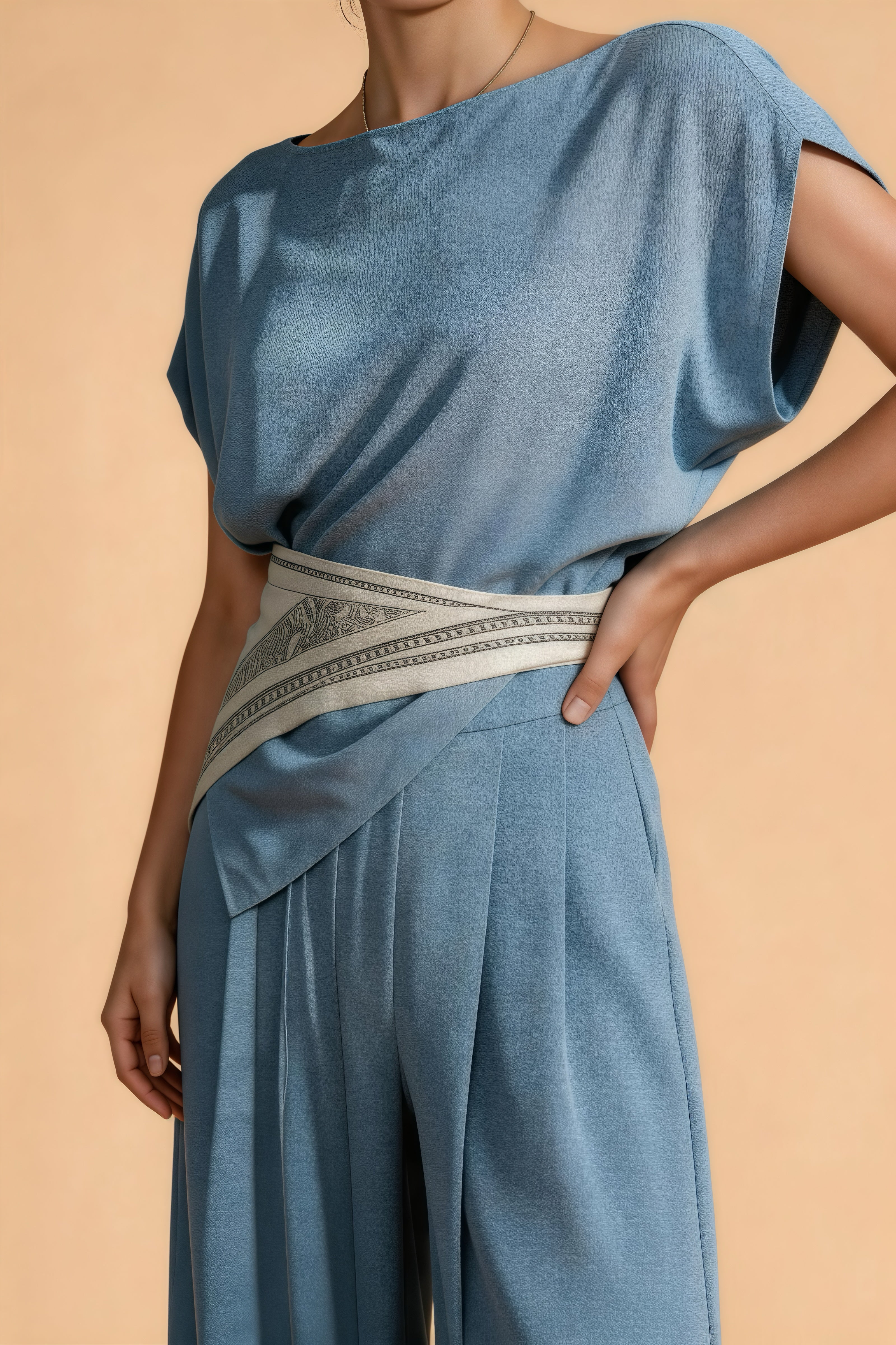 Conjunto de satén azul neblina elegante, pantalones anchos con cinturón asimétrico de falda inclinada