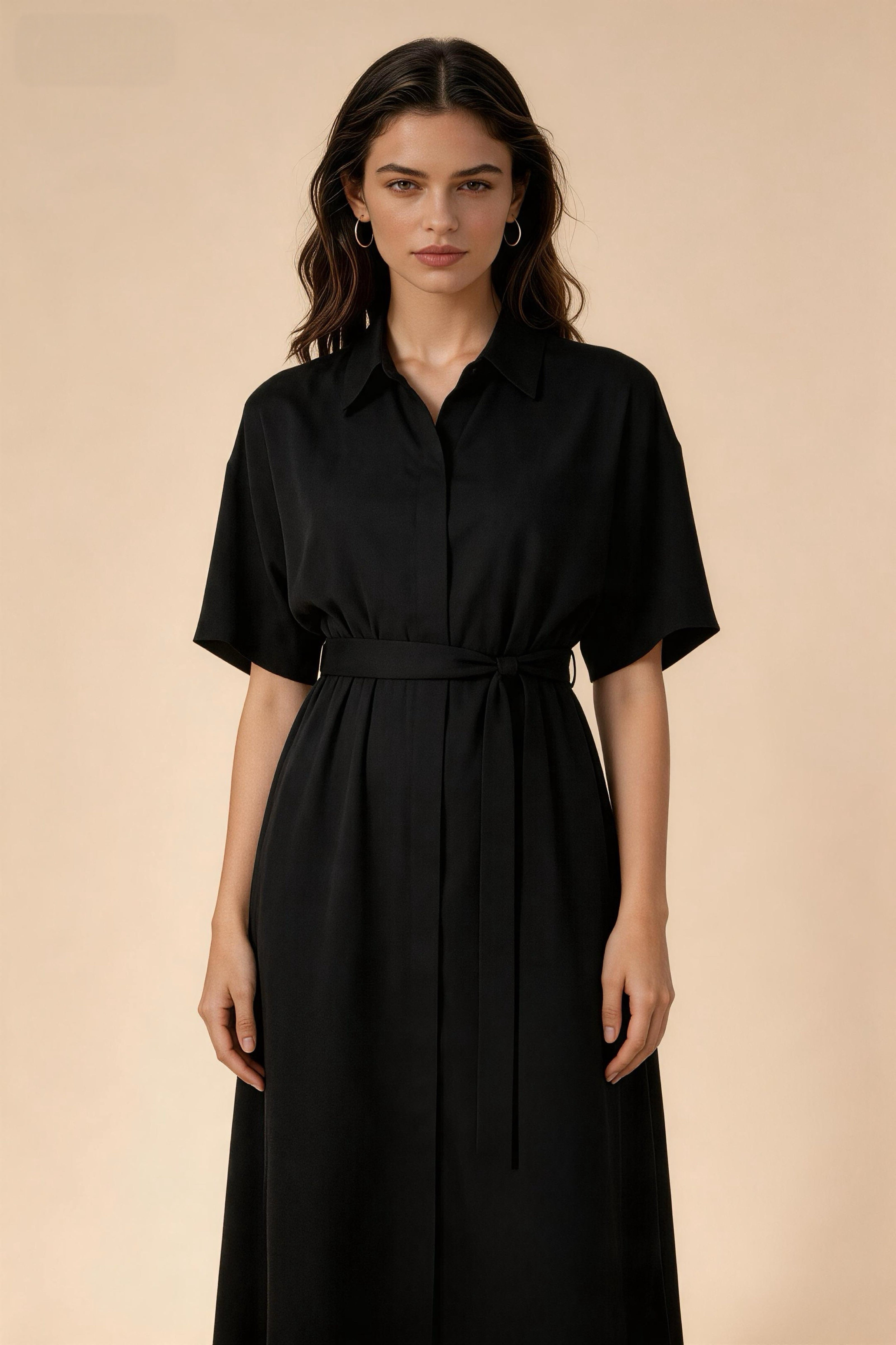 Vestido camisero negro simple con cinturón ajustable, vestido largo de manga corta con caída perfecta, adelgazante y versátil para oficina