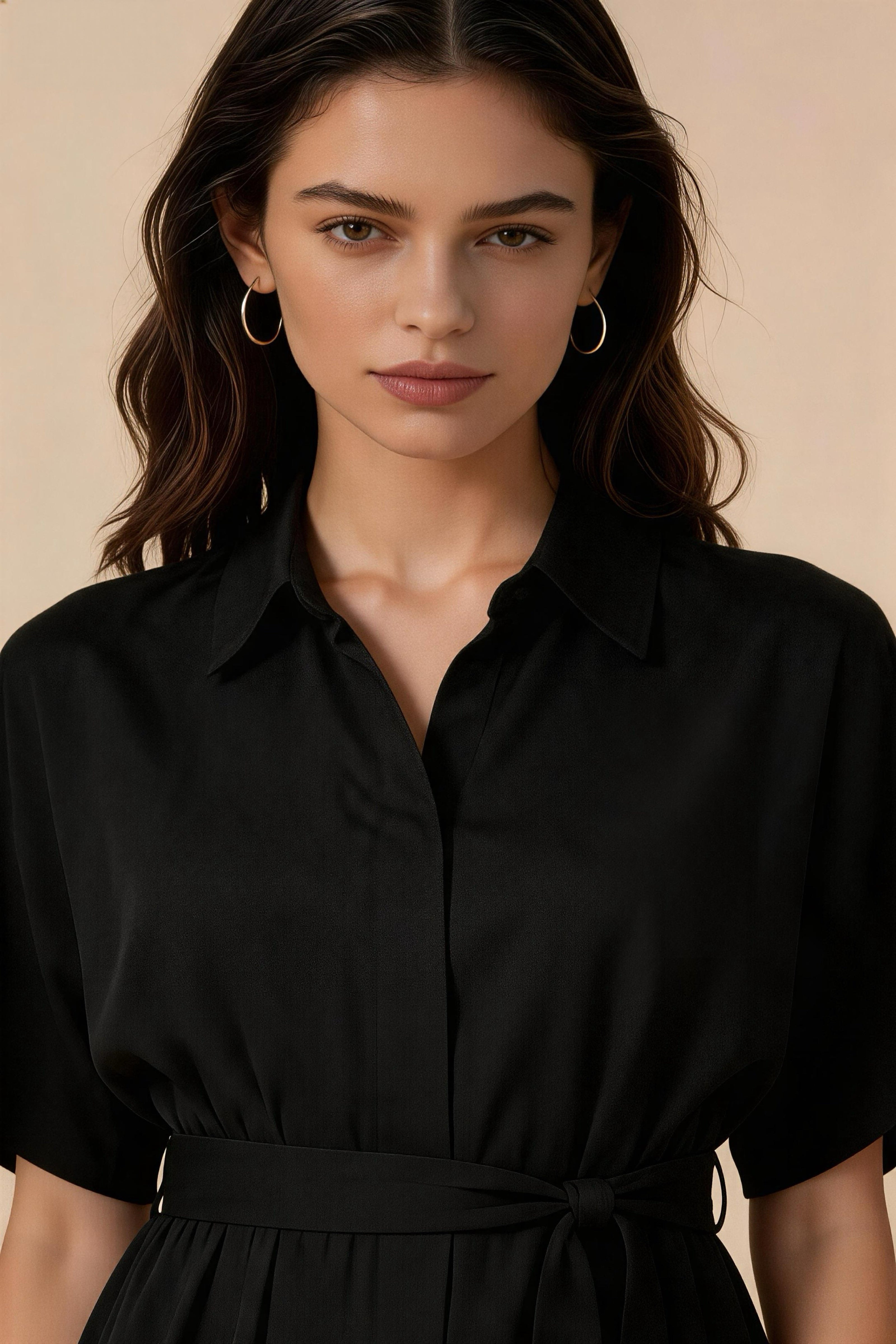 Vestido camisero negro simple con cinturón ajustable, vestido largo de manga corta con caída perfecta, adelgazante y versátil para oficina