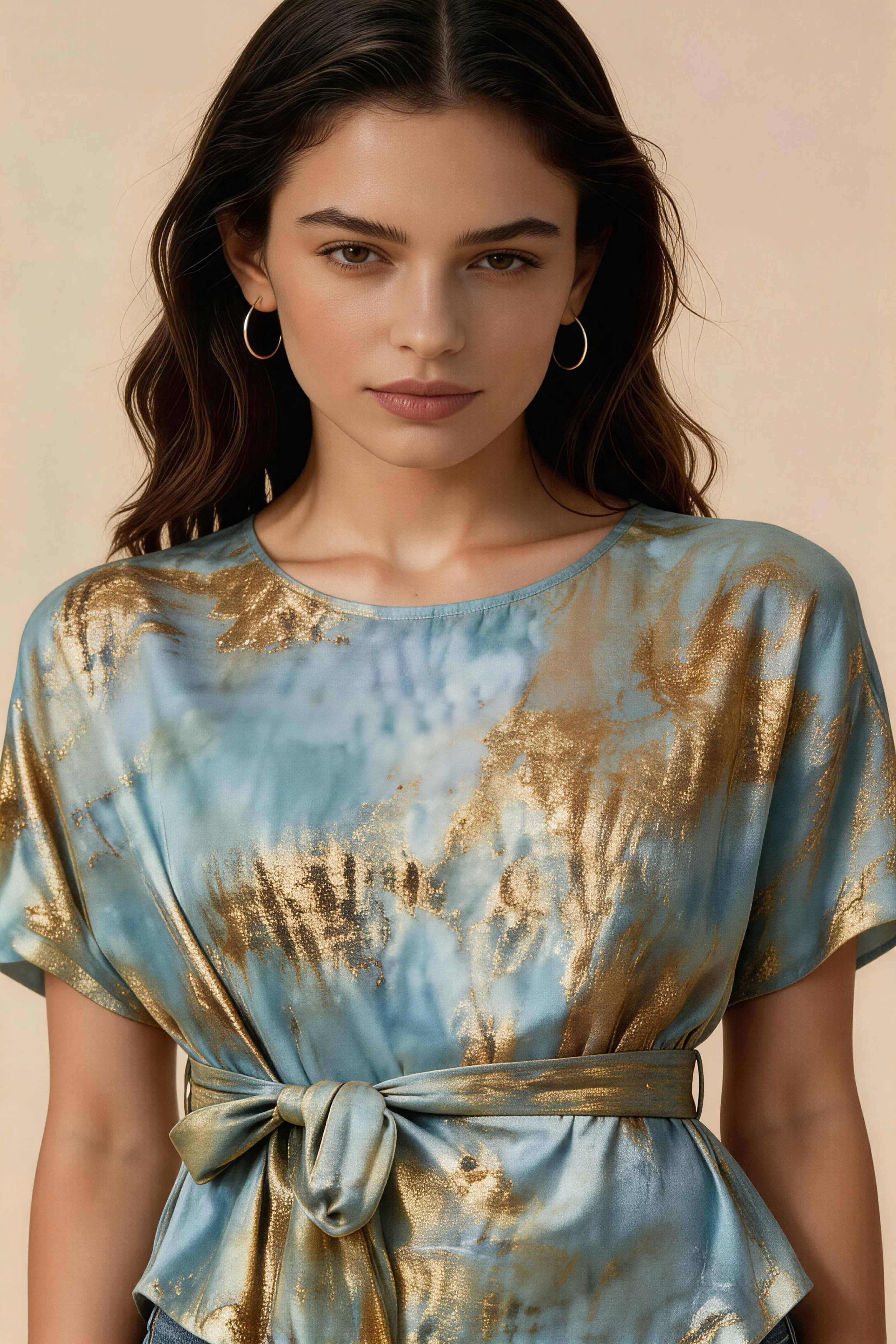 Top de Satén con Efecto Tie-Dye Azul-Oro y Cinturón de Lazo