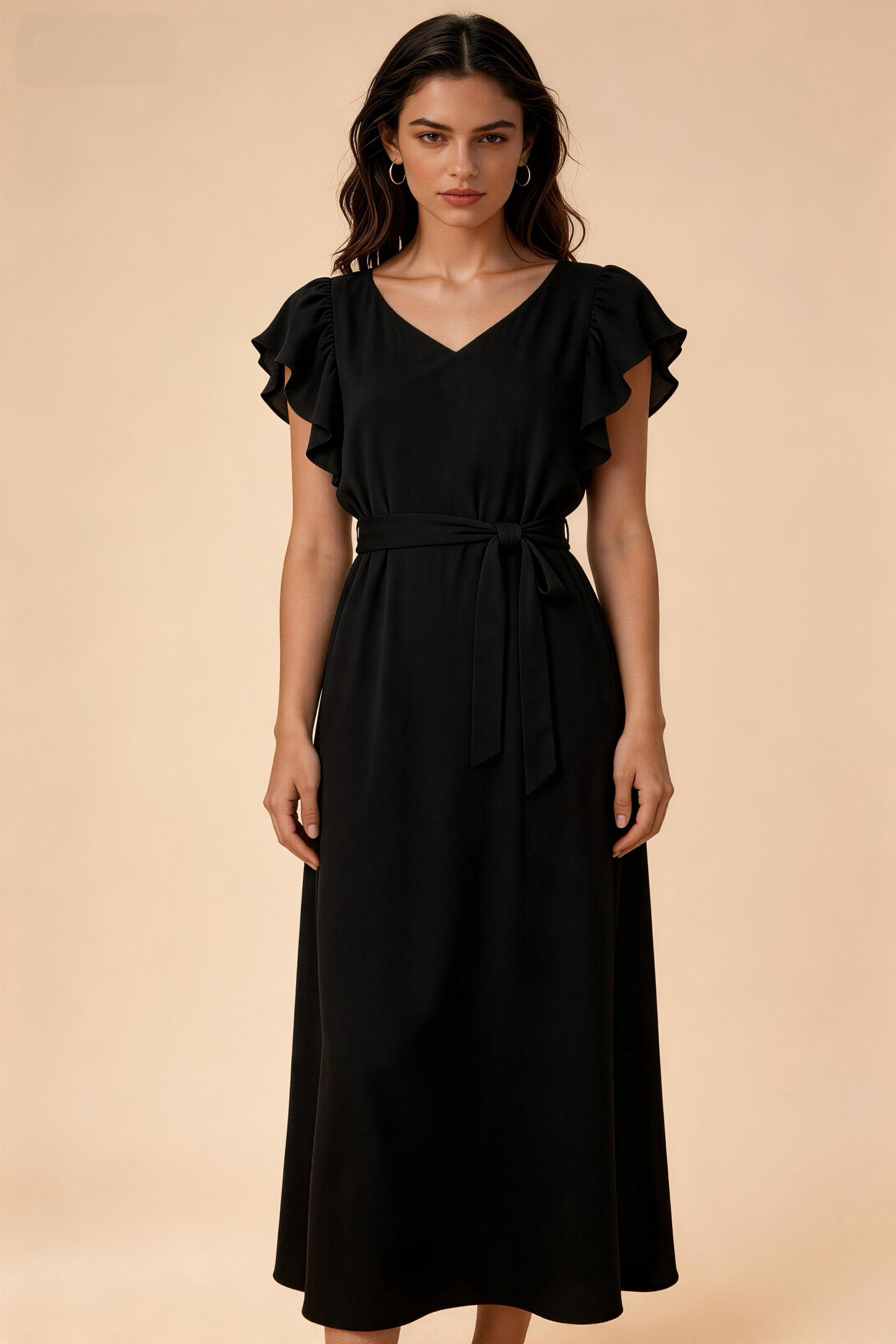 Vestido Azul Neblina con Volantes y Cinturón, Cuello Redondo para Oficina y Eventos
