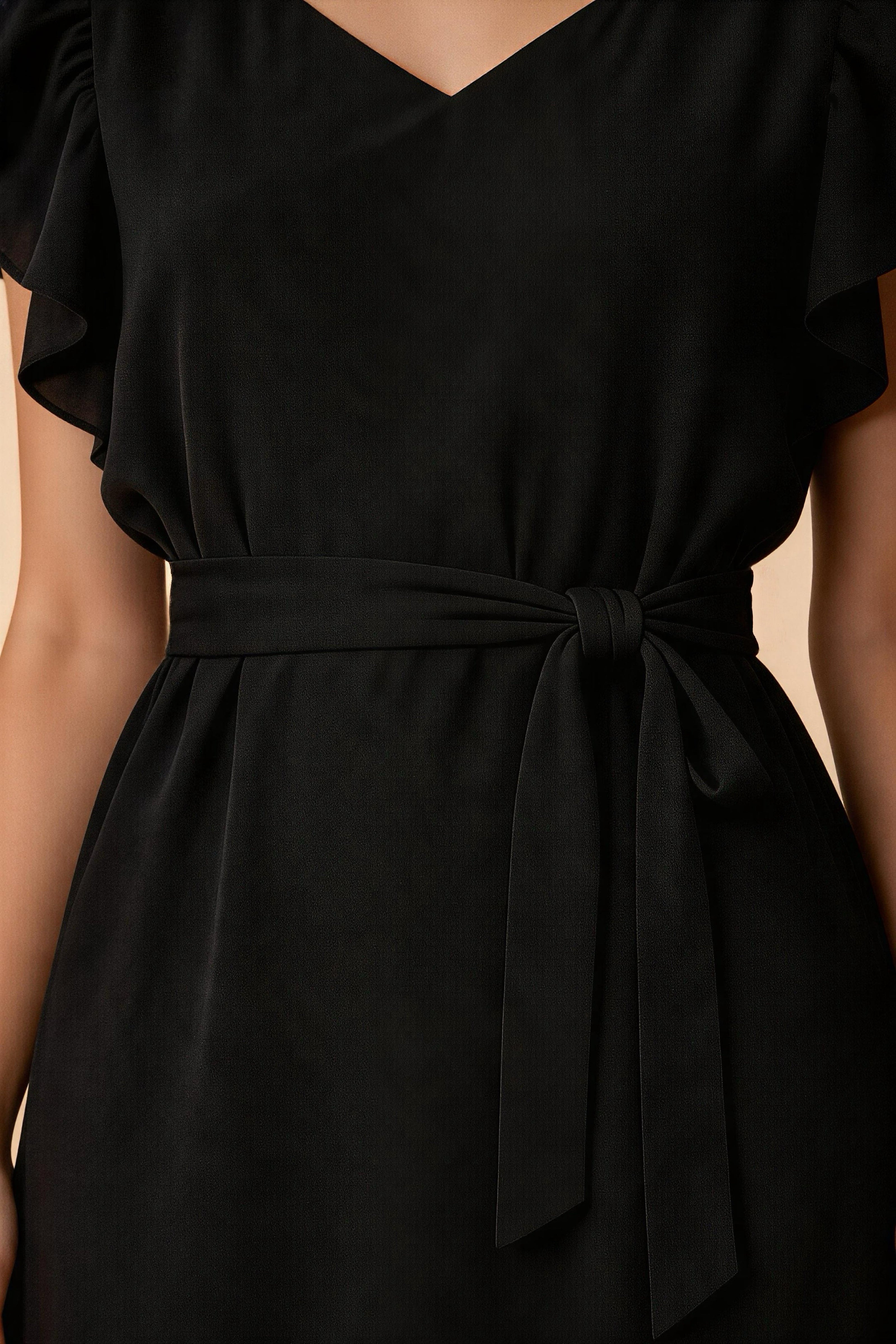 Vestido Azul Neblina con Volantes y Cinturón, Cuello Redondo para Oficina y Eventos