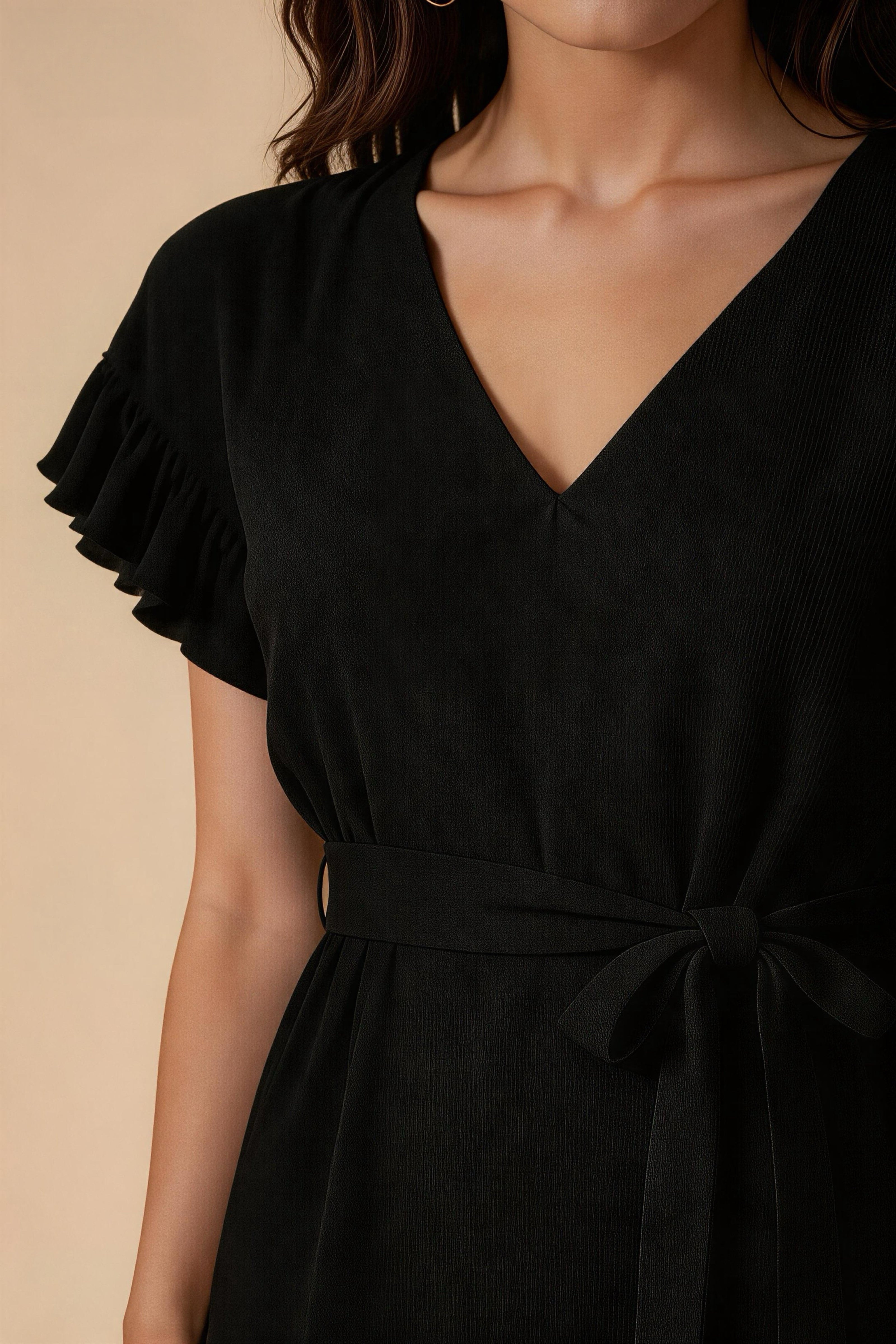 Vestido Azul Neblina con Volantes y Cinturón, Cuello Redondo para Oficina y Eventos