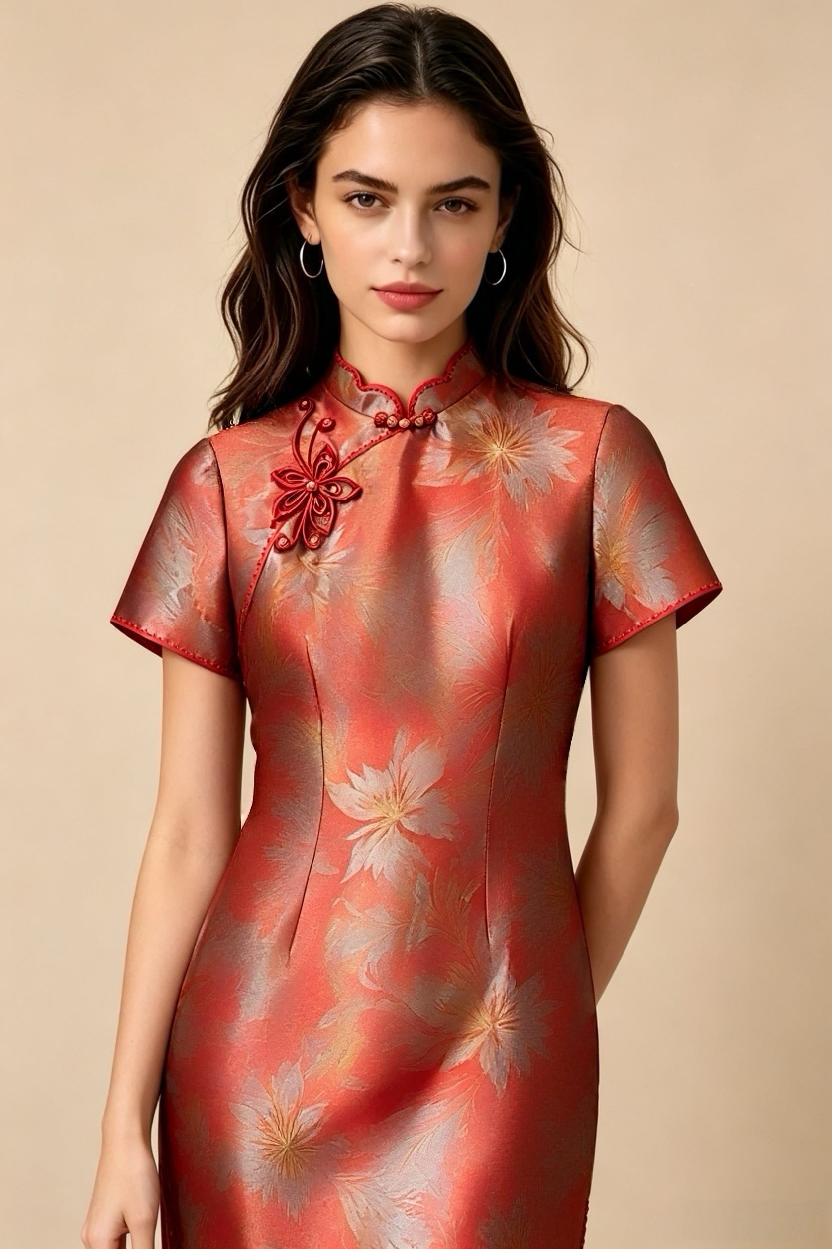 Qipao Modificado Rosa Morado Degradado Dorado, Vestido Elegante de Fiesta con Cuello Mandarín y Lentejuelas