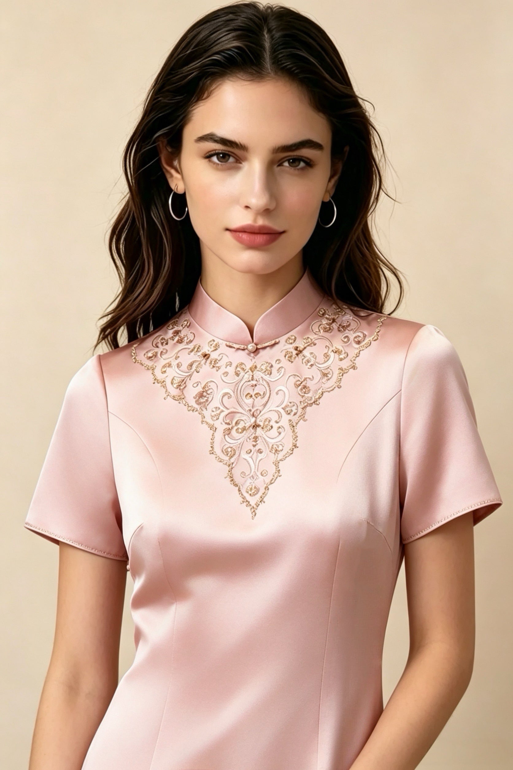 Vestido recto rosa con pedrería artesanal, vestido elegante para oficina y eventos