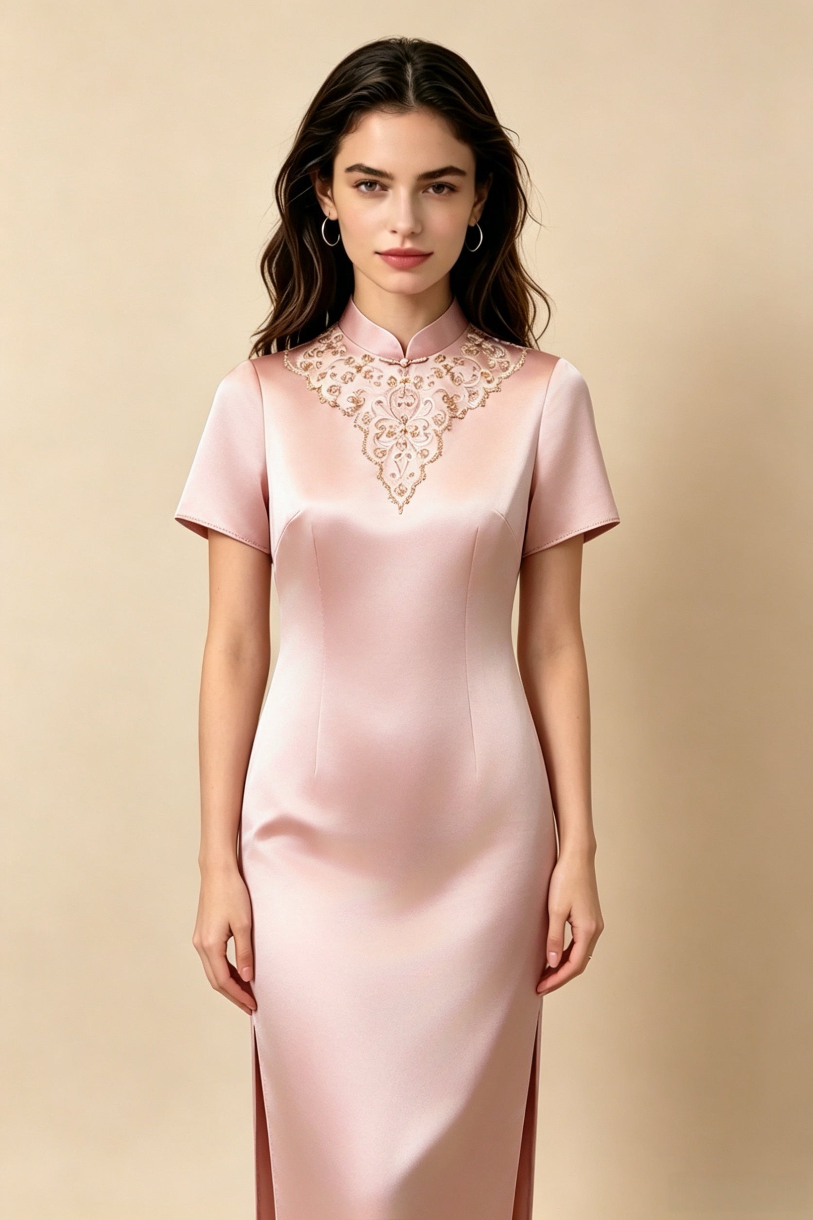 Vestido recto rosa con pedrería artesanal, vestido elegante para oficina y eventos