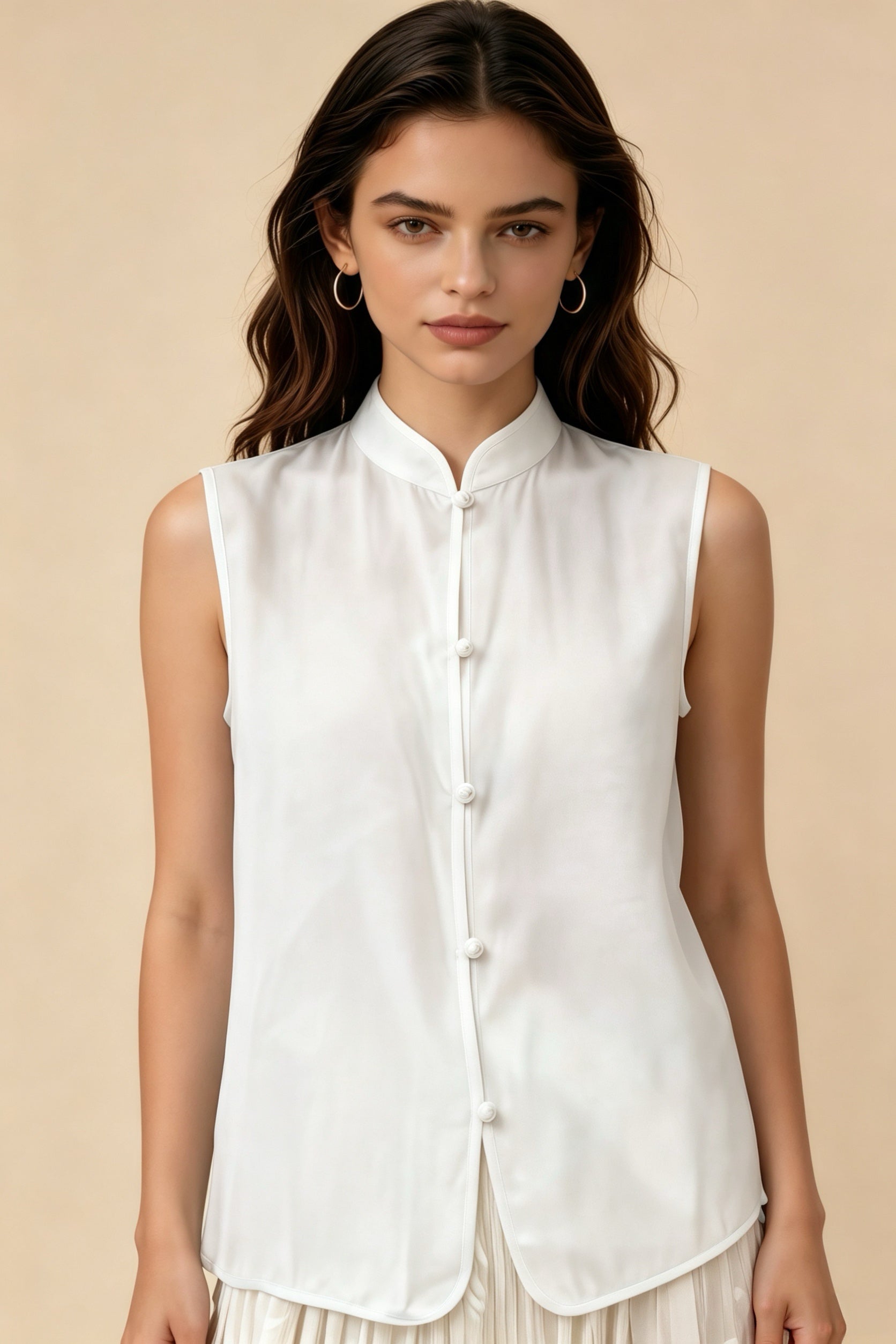 Blusa sin mangas de cuello mandarín estilo chino azul claro
