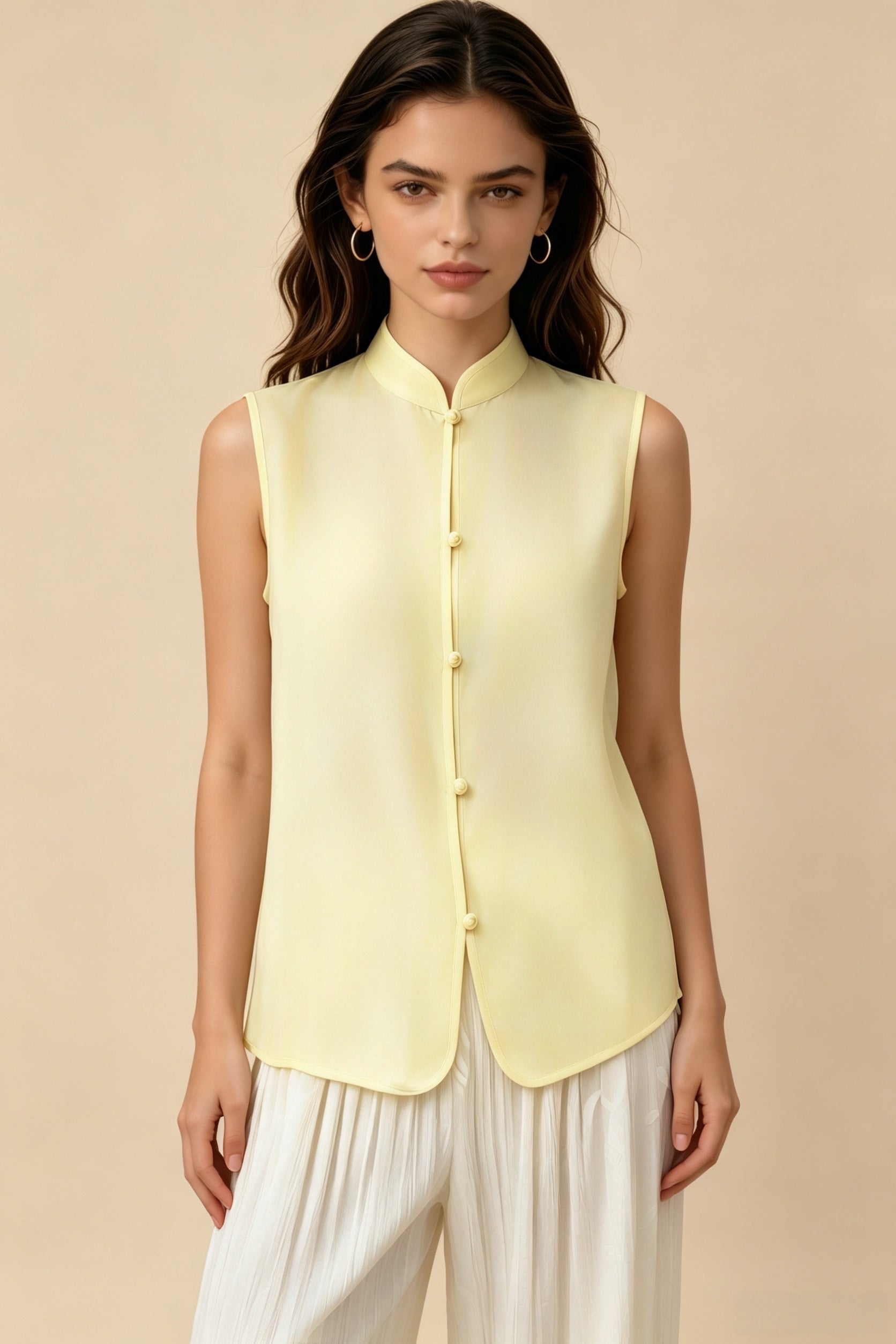 Blusa sin mangas de cuello mandarín estilo chino azul claro