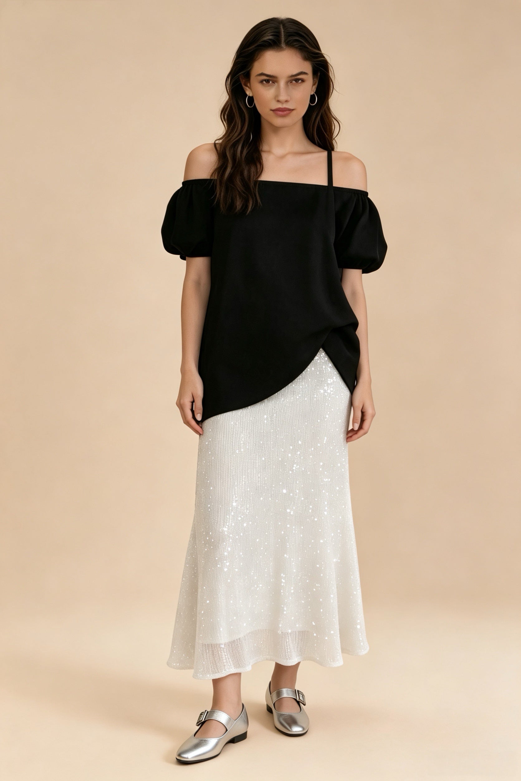 Falda larga de lentejuelas brillantes de lujo con cintura alta, corte en A adelgazante, ideal para fiestas y eventos Descripción Corta