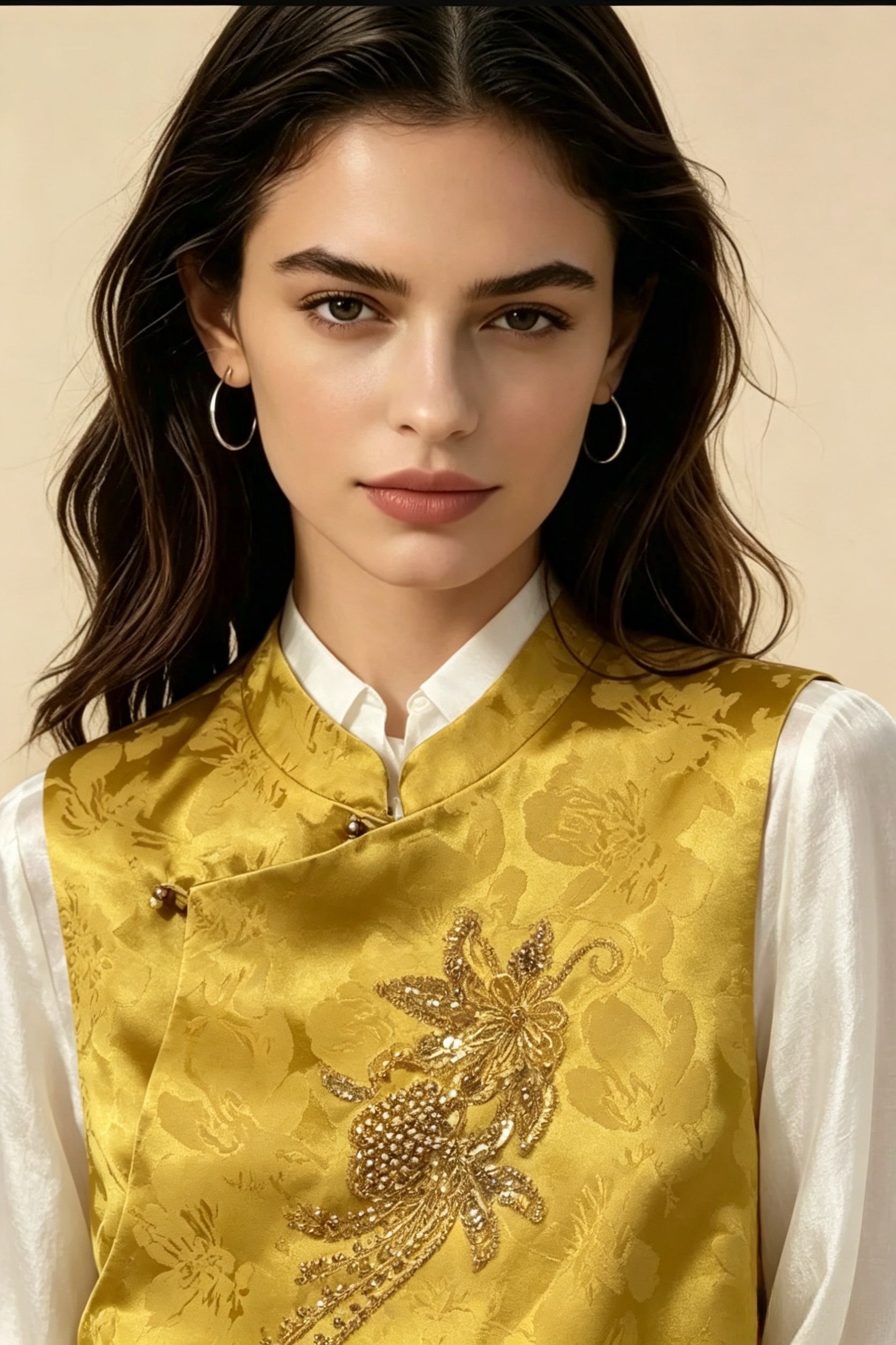 Chaleco estilo chino moderno con bordado de pedrería dorado pesado, cuello mandarín, solapa cruzada, chaleco de satén jacquard