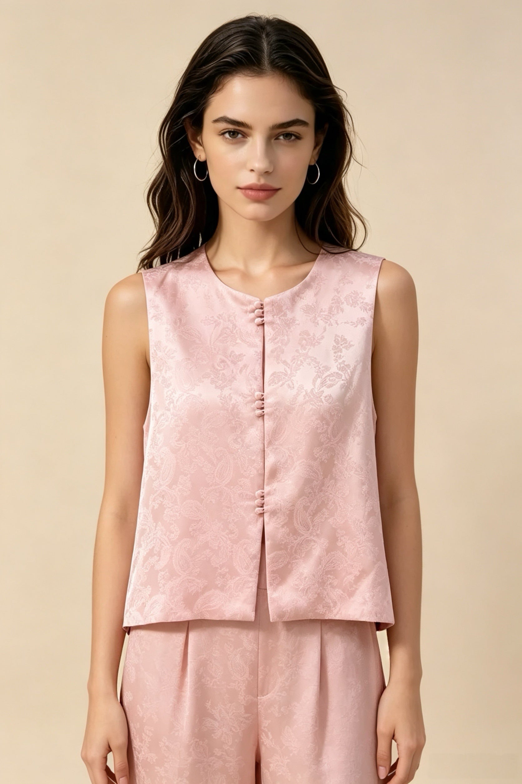 Chaleco sin mangas de satén jacquard estilo chino moderno rosa palo, chaleco con broches tradicionales, top para uso externo y en capas