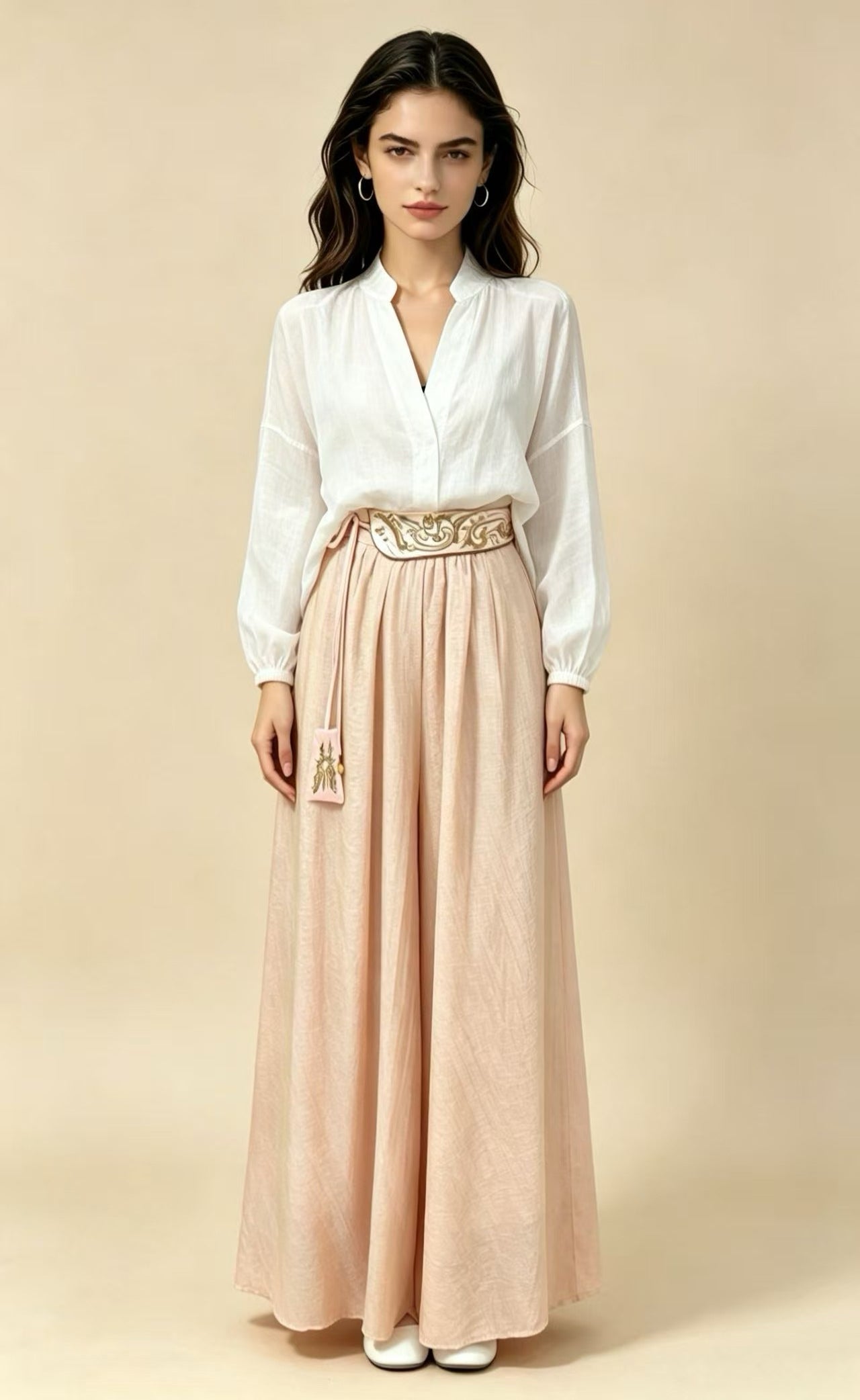 Pantalones Anchos Bordados en la Cintura 3 Colores, Tencel Estilo Chino para Ocio