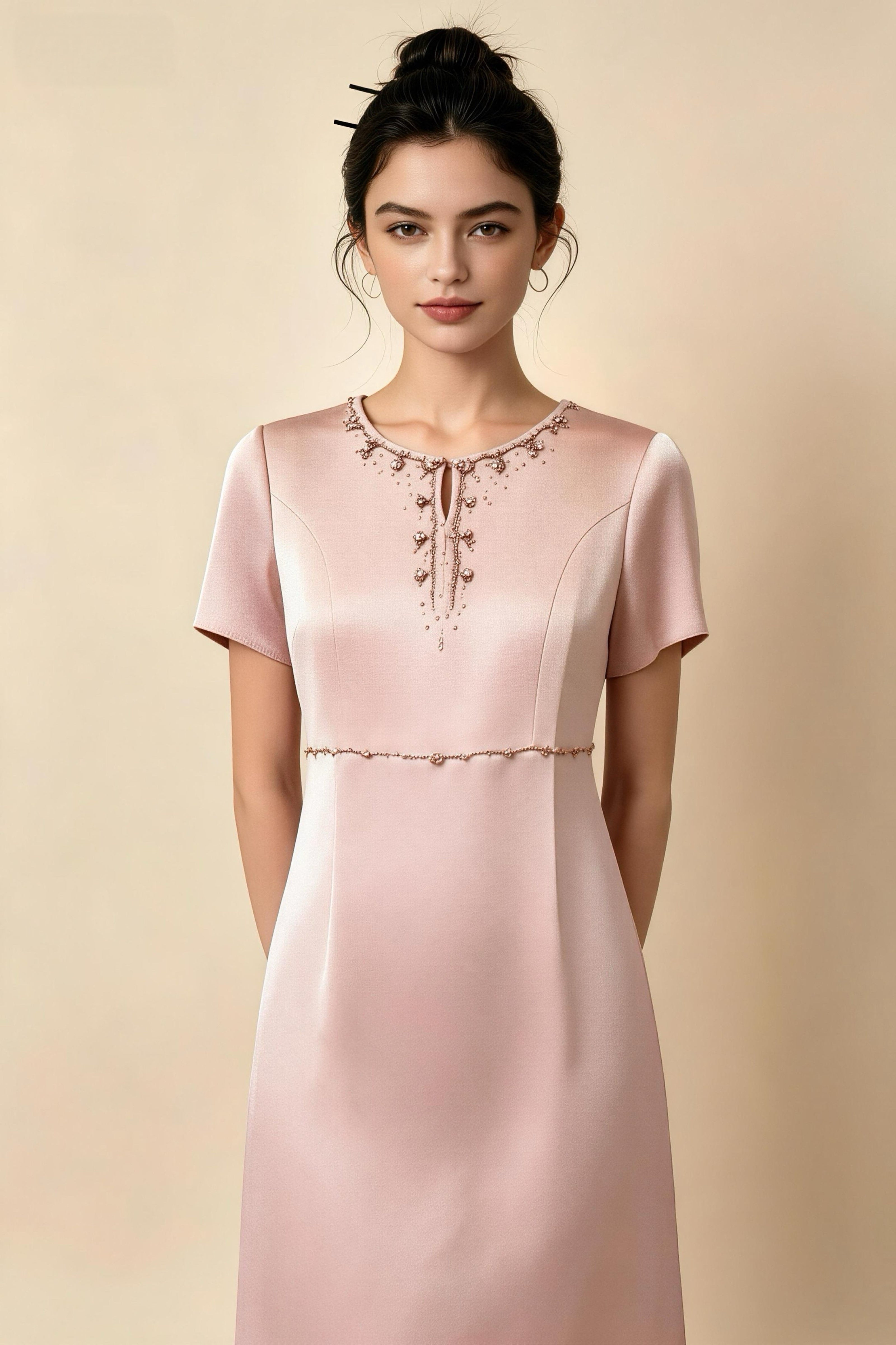 Vestido rosa malva con pedrería para oficina