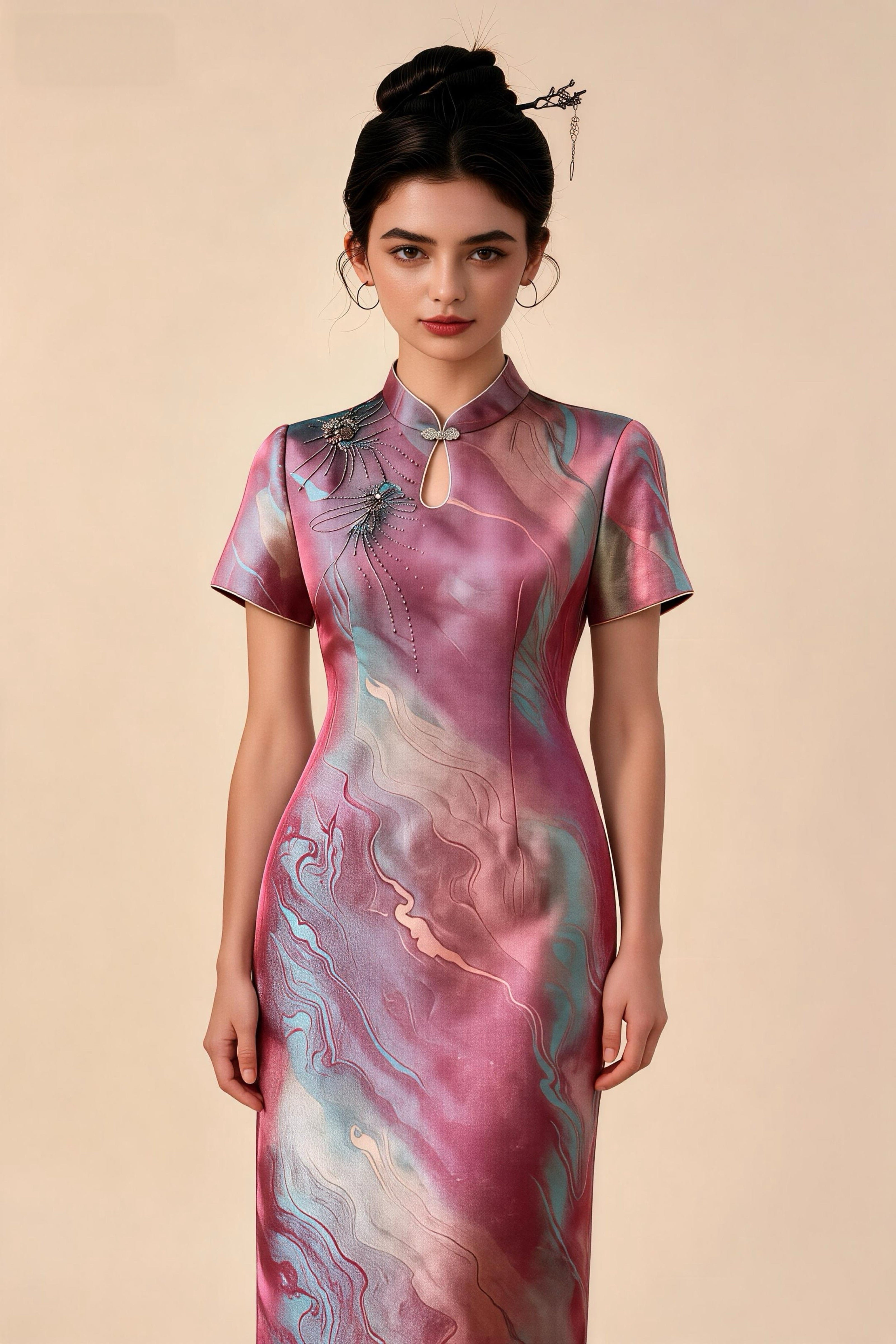 Qipao degradado rosa-morado con pedrería dorada