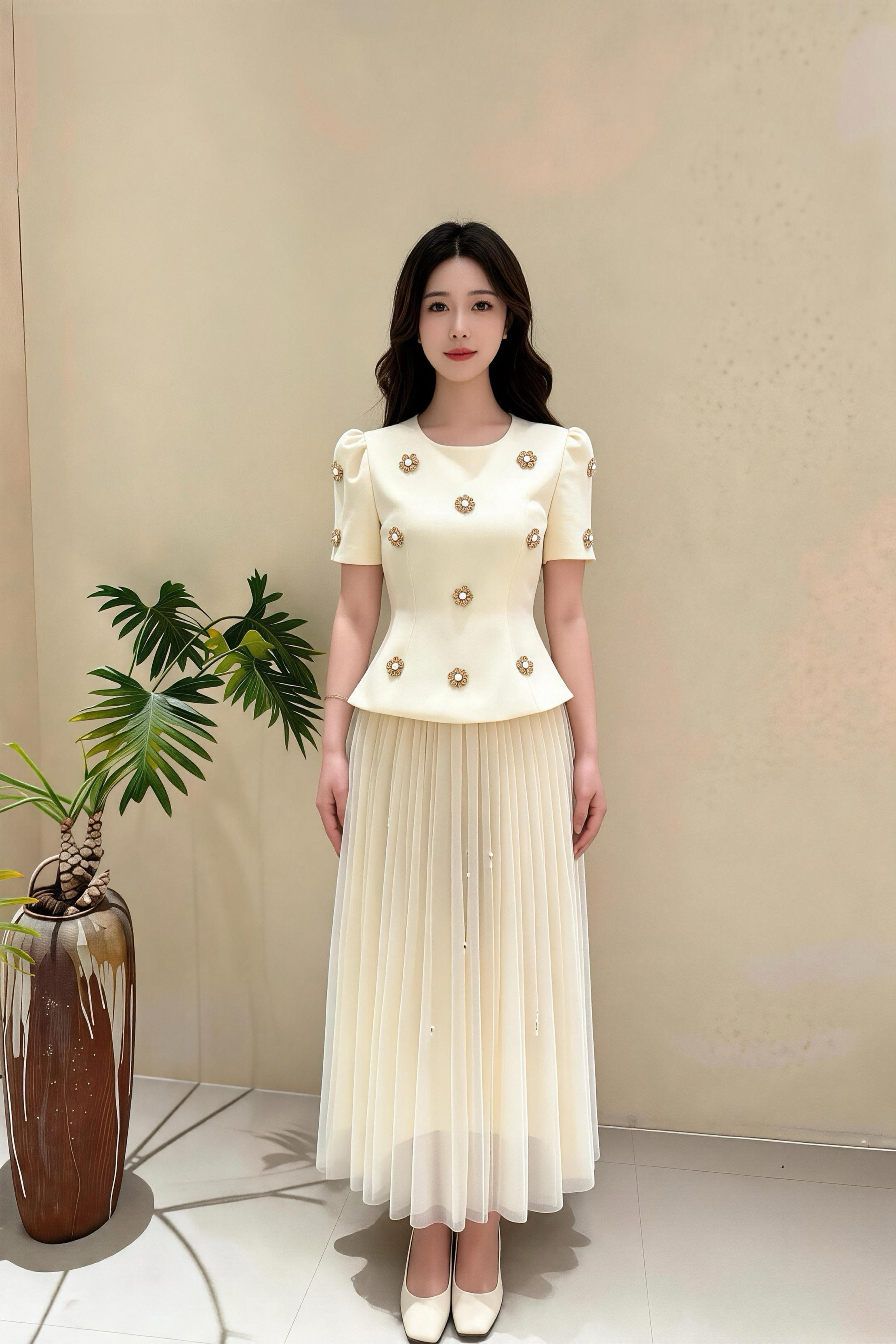 Top de manga corta estilo Chanel con perlas cosidas