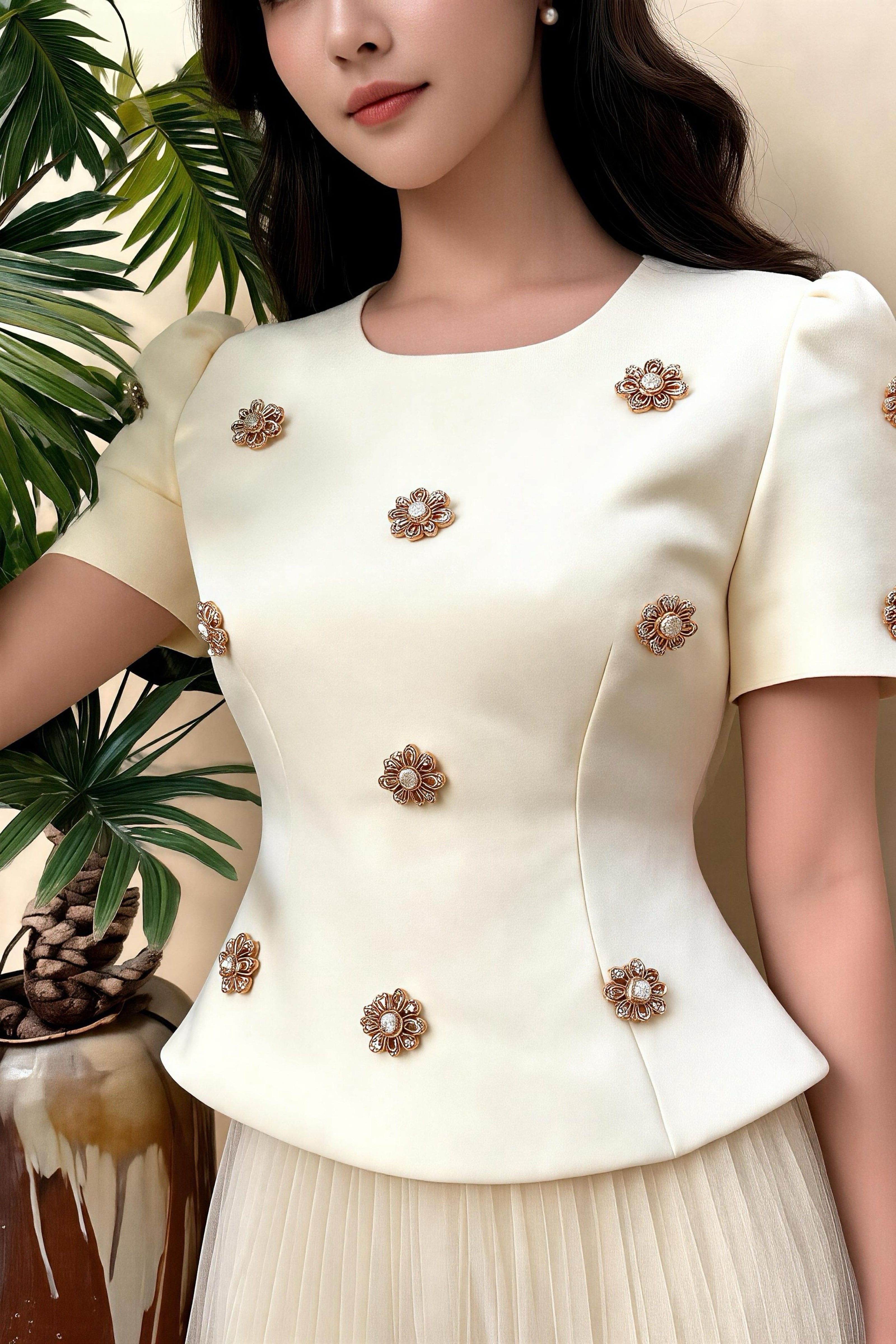 Top de manga corta estilo Chanel con perlas cosidas