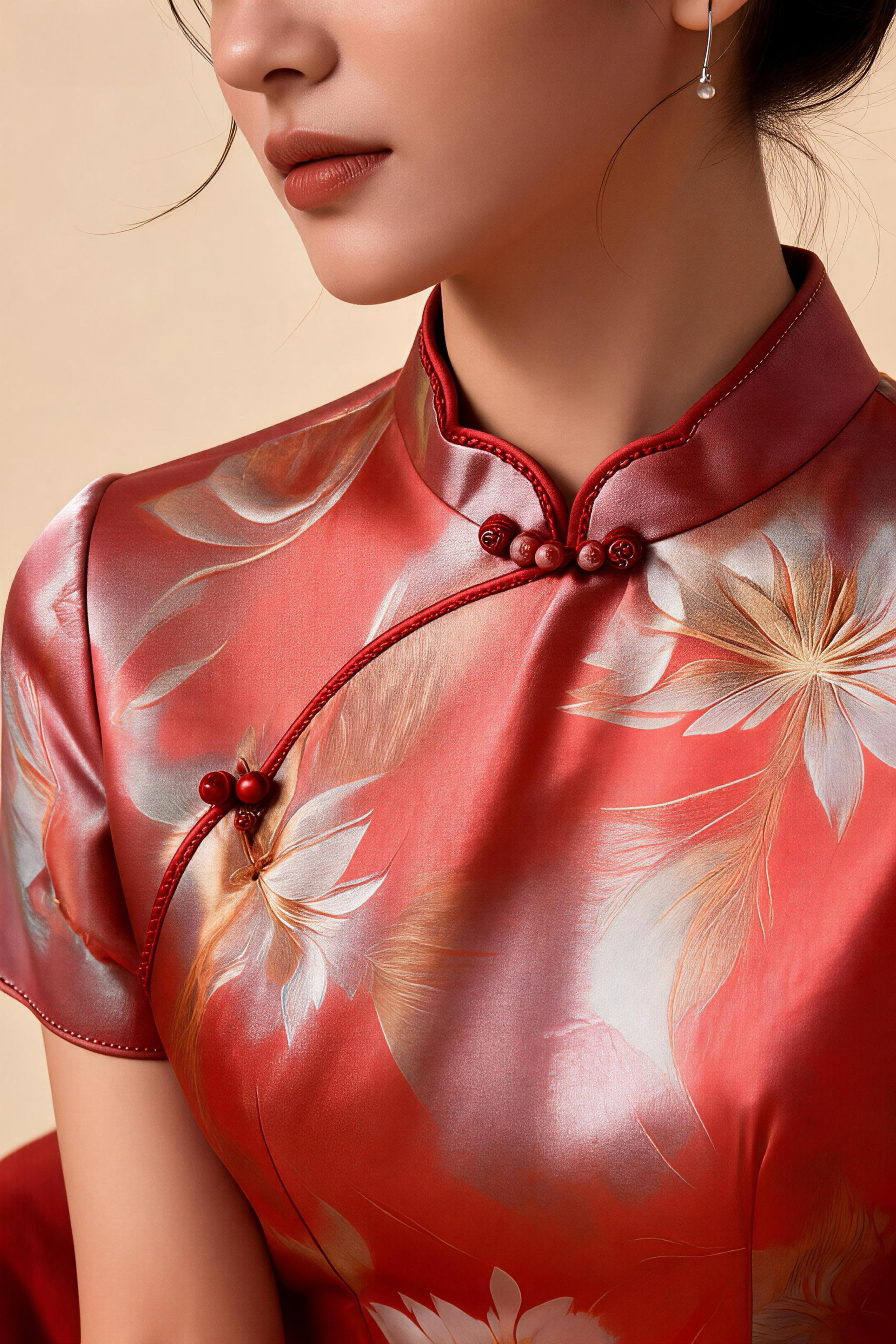 Qipao con estampado floral sutil sobre fondo rojo