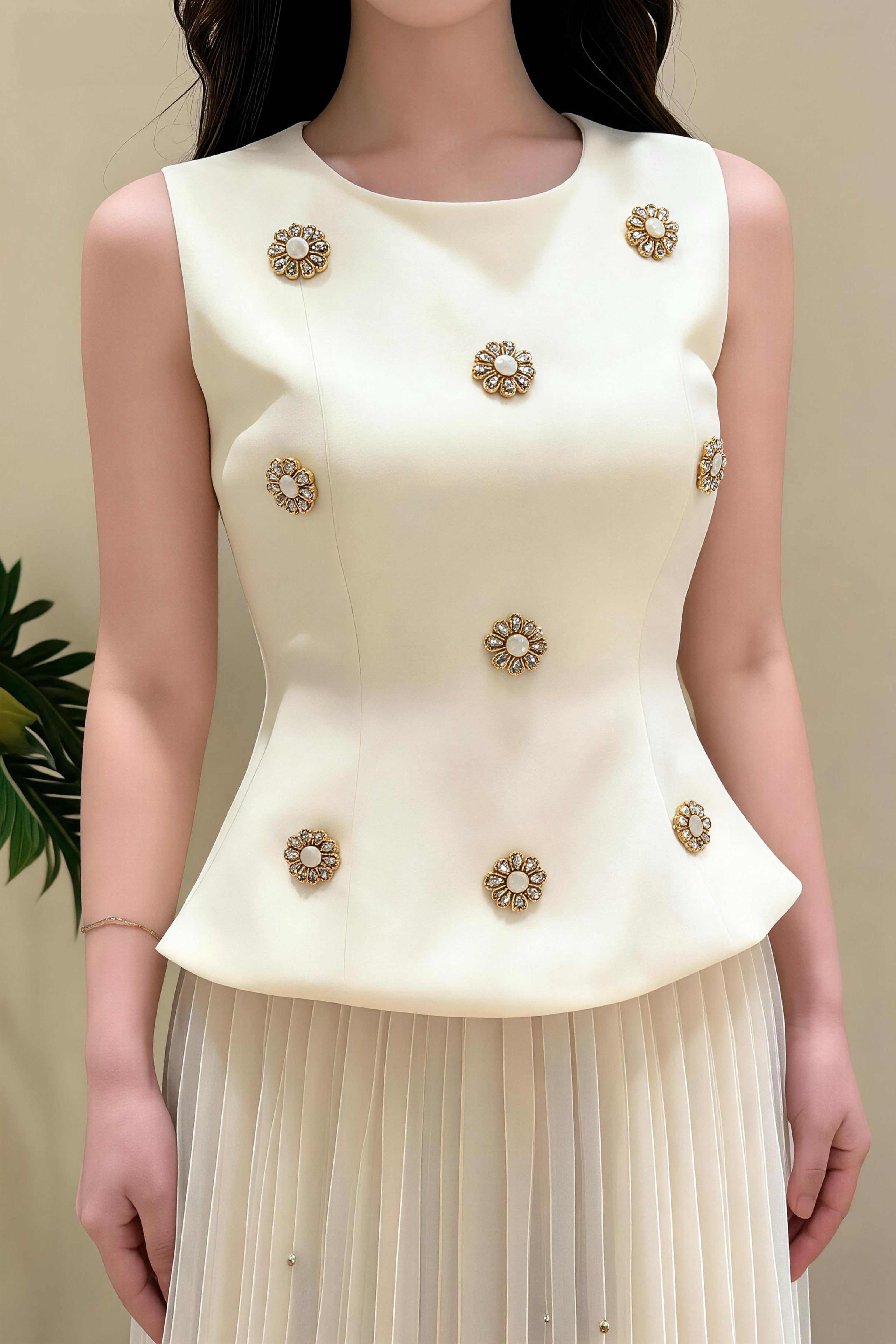 Camiseta sin mangas estilo Chanel con perlas bordadas