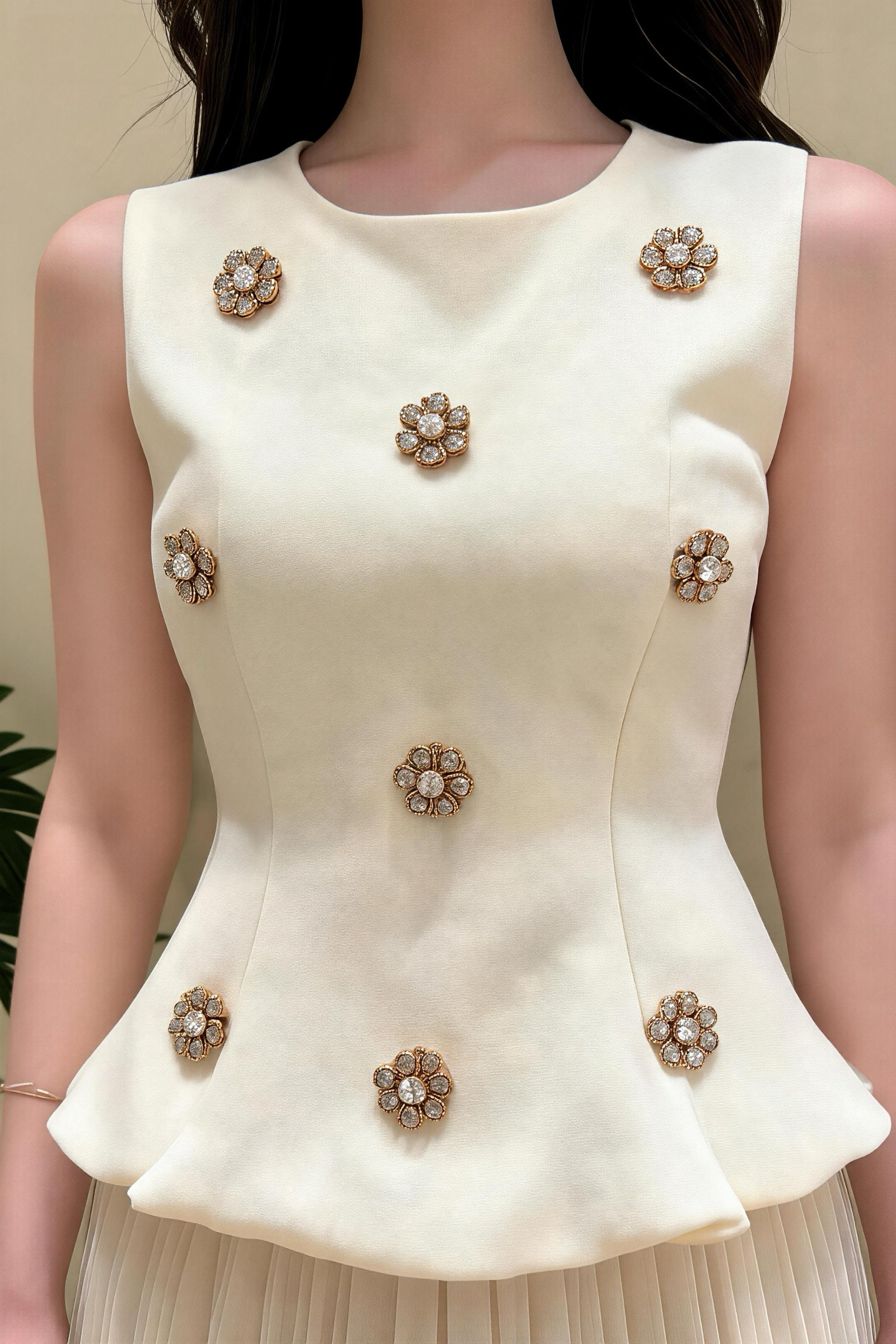 Camiseta sin mangas estilo Chanel con perlas bordadas